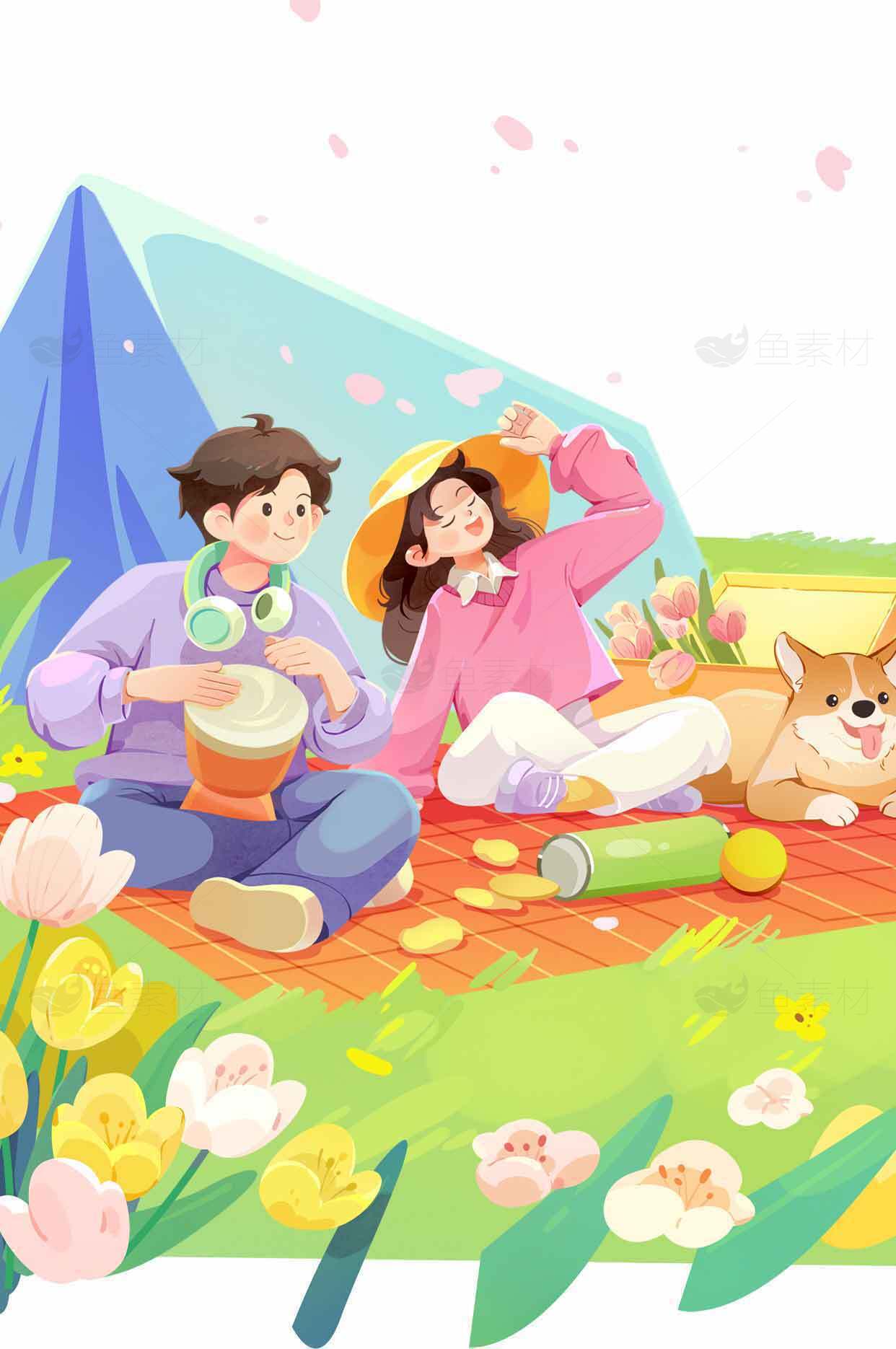 春日野餐插画：温馨户外时光素材
