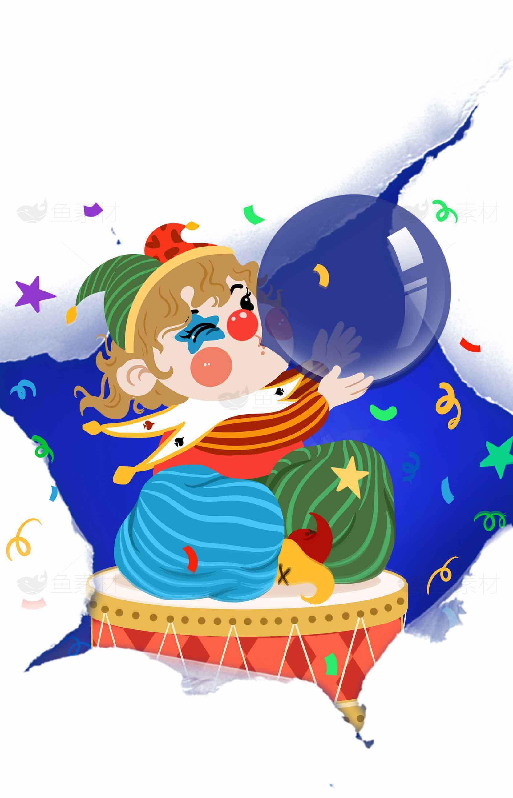 卡通小丑与蓝色背景的趣味插画素材