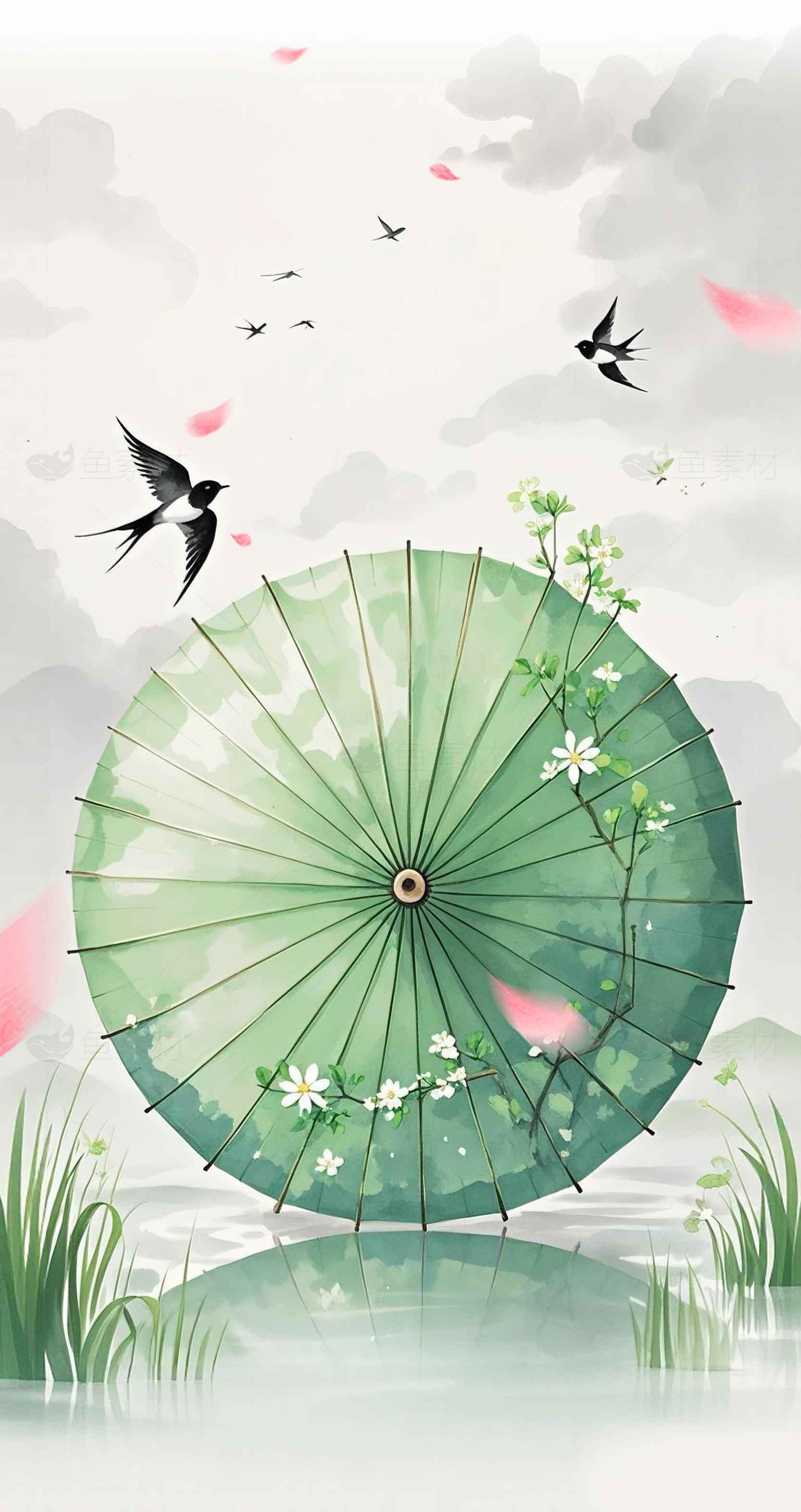 唯美中国风绿色油纸伞插画背景素材