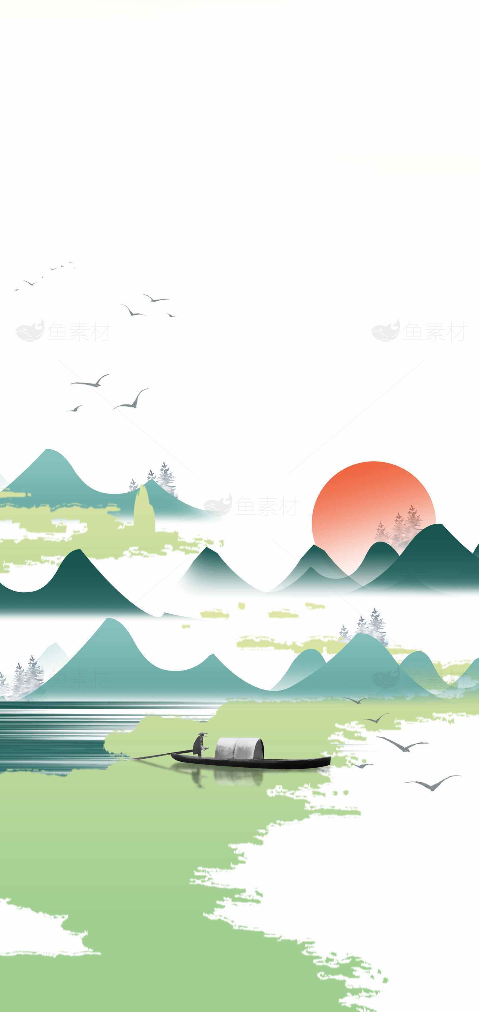 山水画意境唯美风景插画素材