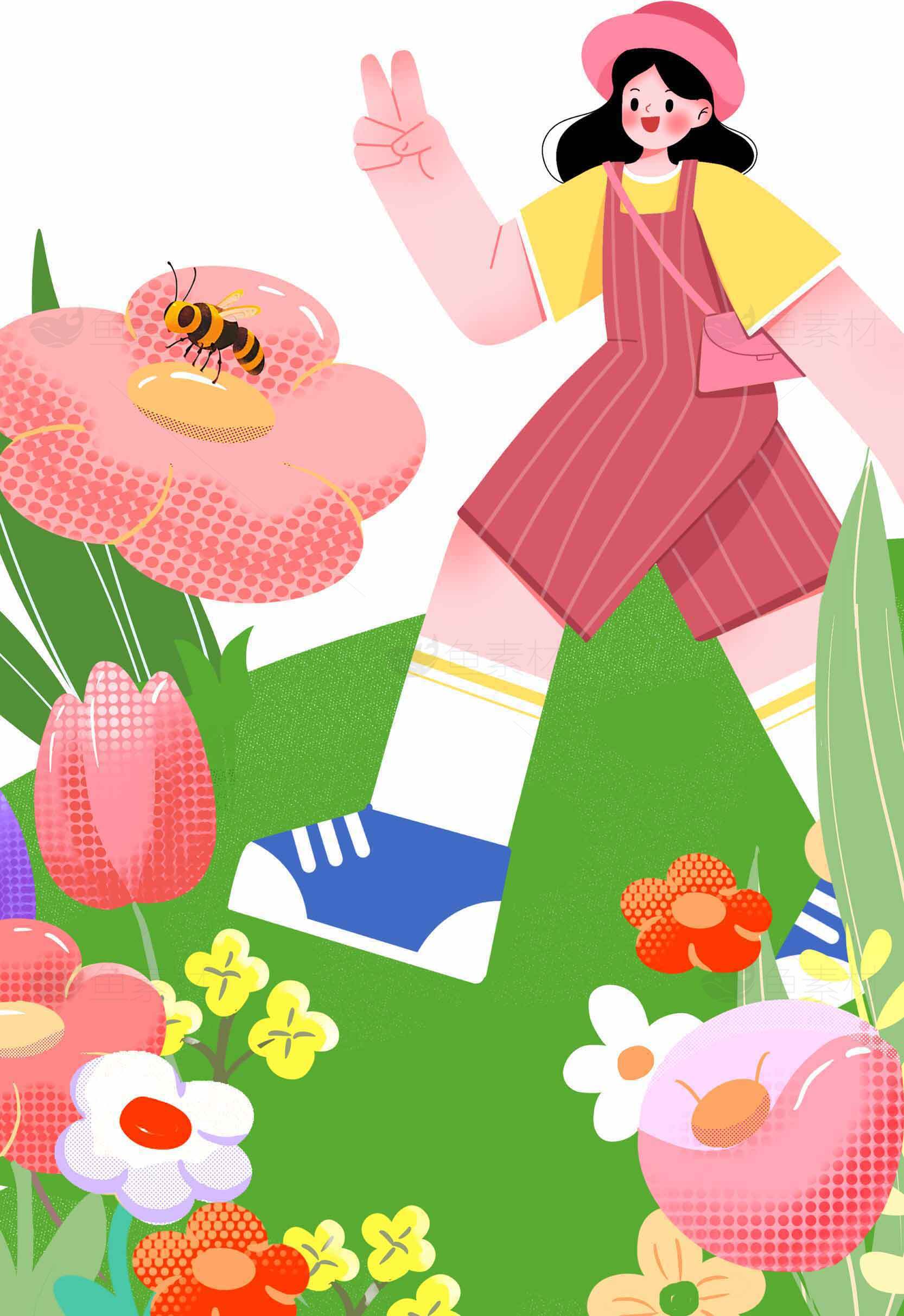 春日田野卡通插画：女孩与花丛的自然之旅素材