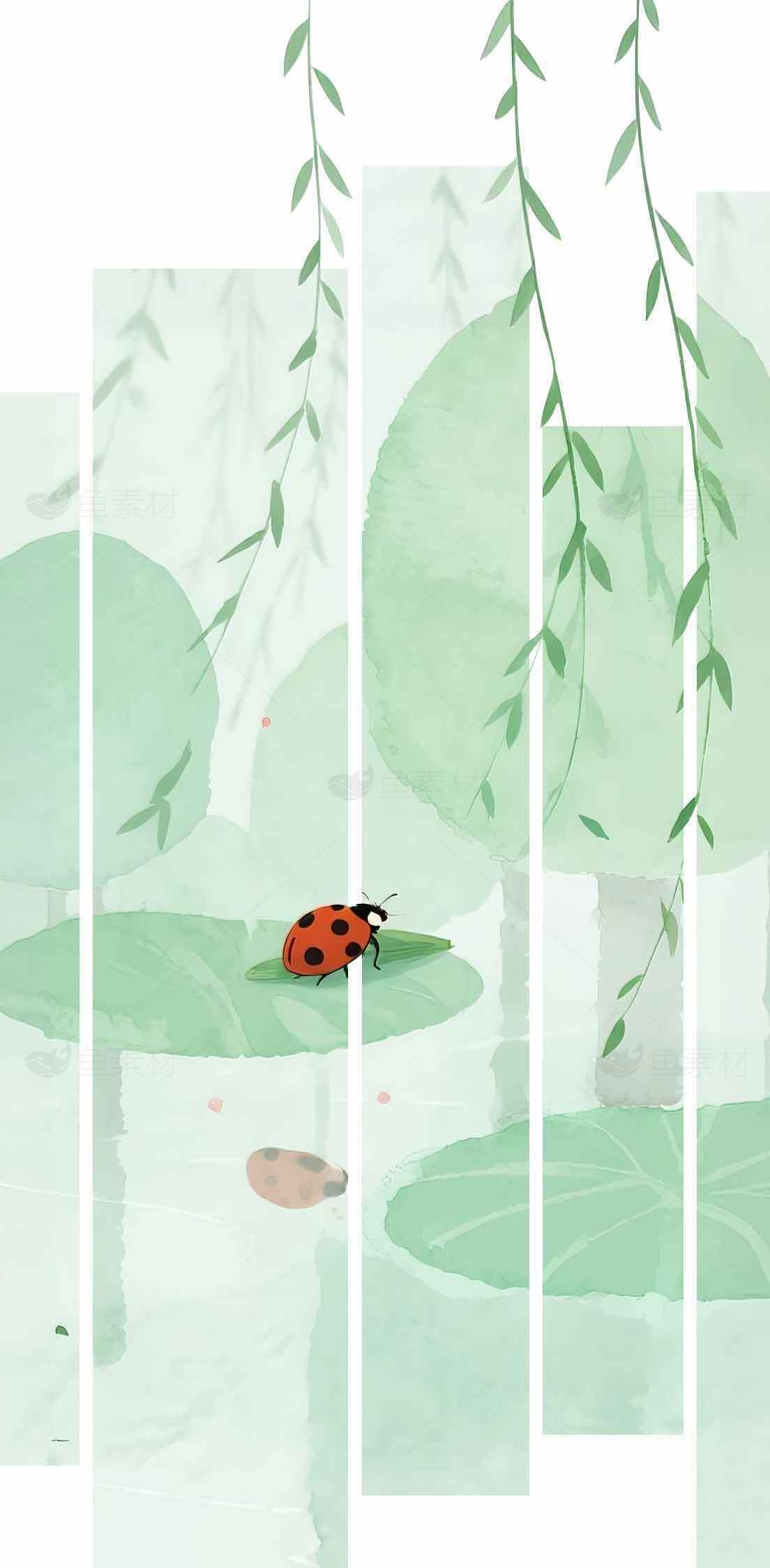 清新自然风格的荷叶与瓢虫插画图片素材
