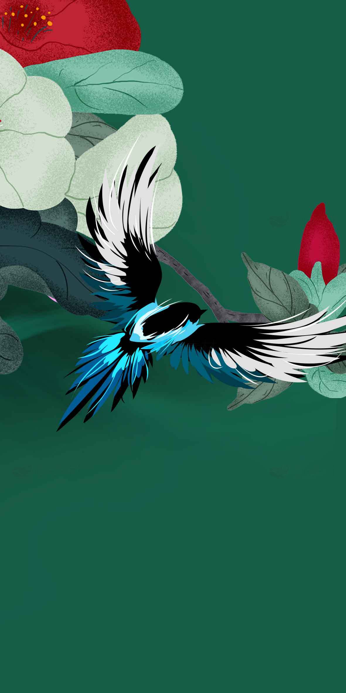 唯美手绘风格飞鸟与花卉背景图片素材