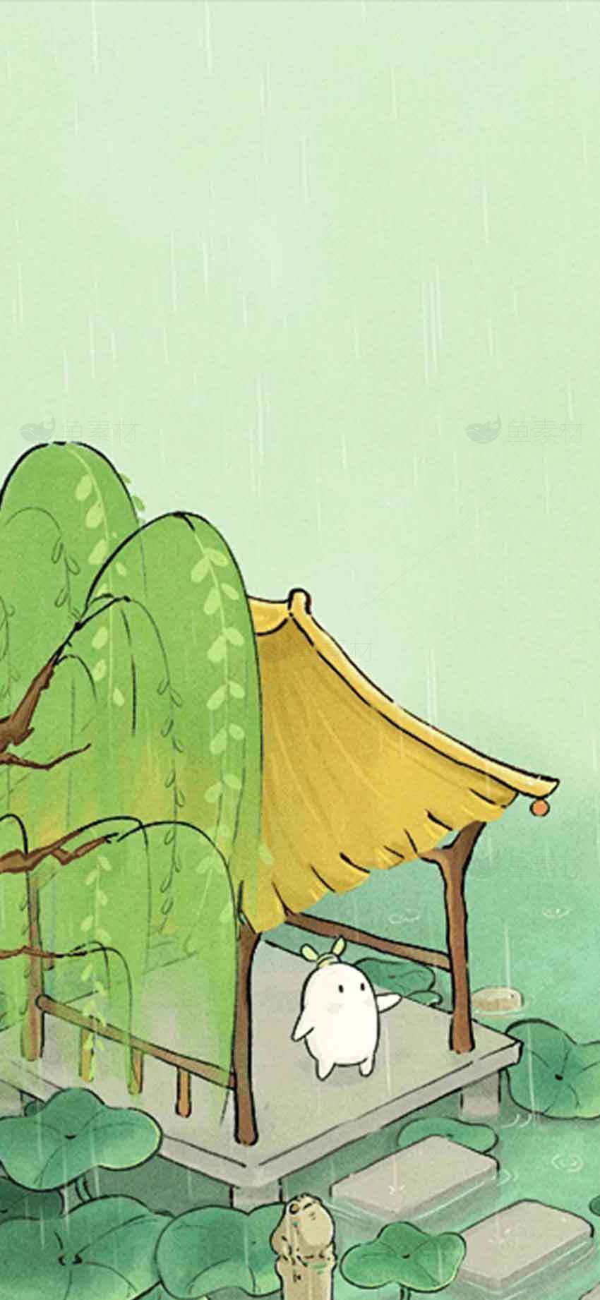小清新插画：雨中亭子与可爱小动物素材