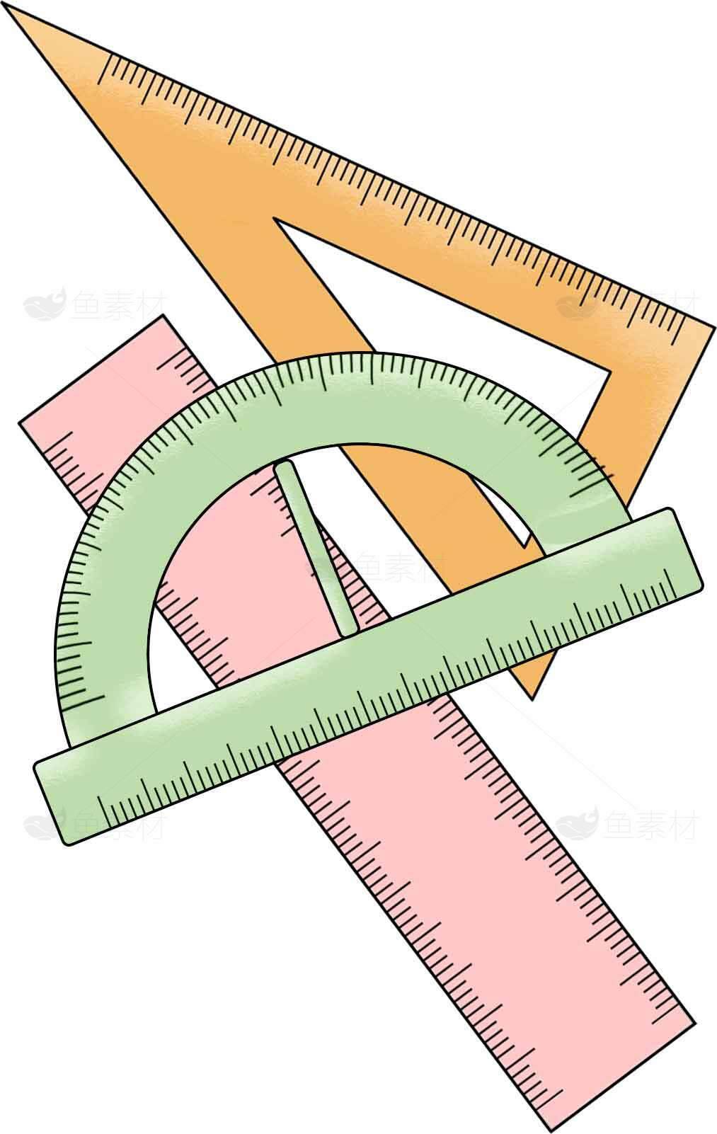 彩色几何文具插画：量角器与直尺组合素材