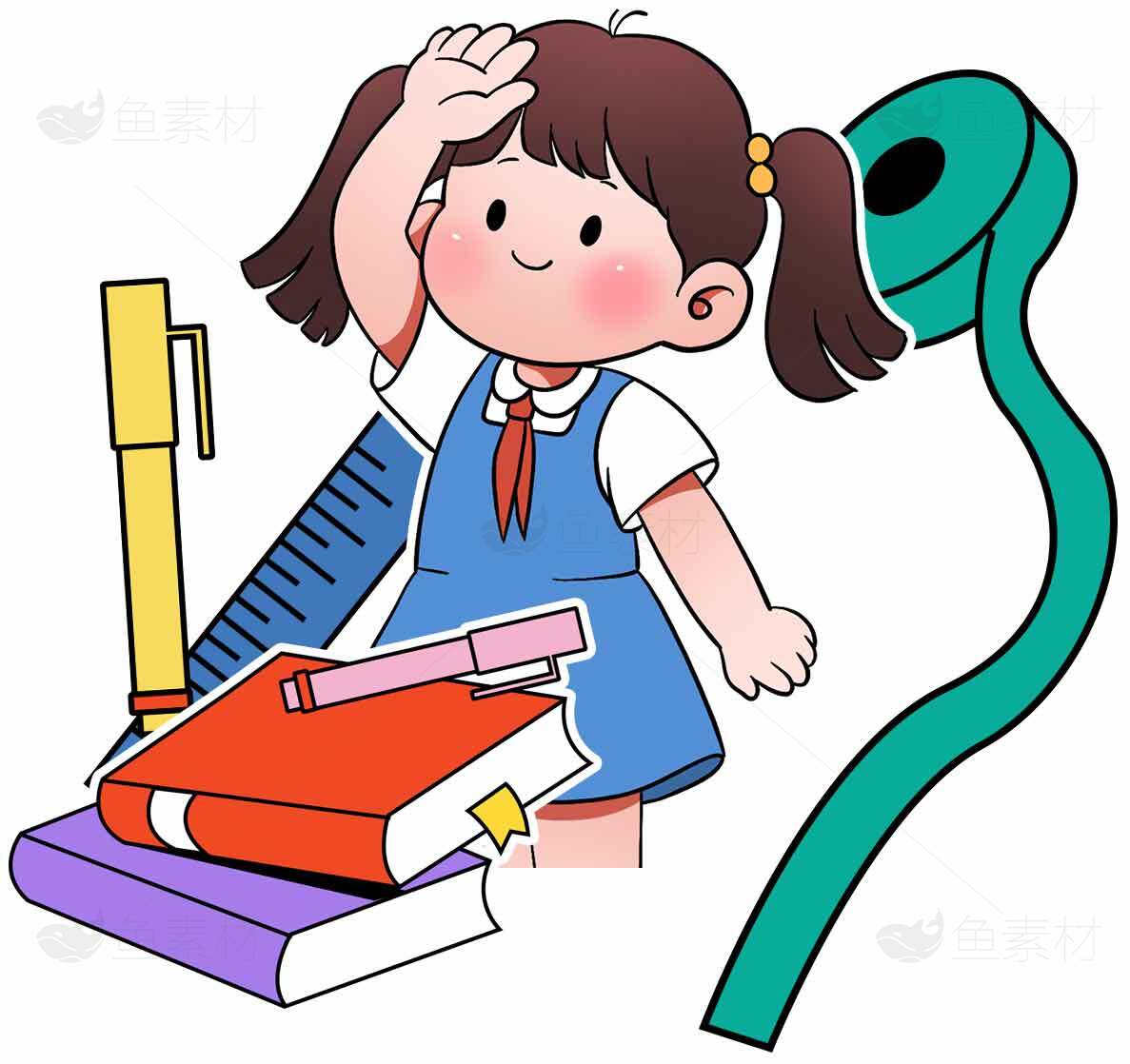 小学生学习插画：书本与文具的卡通场景素材