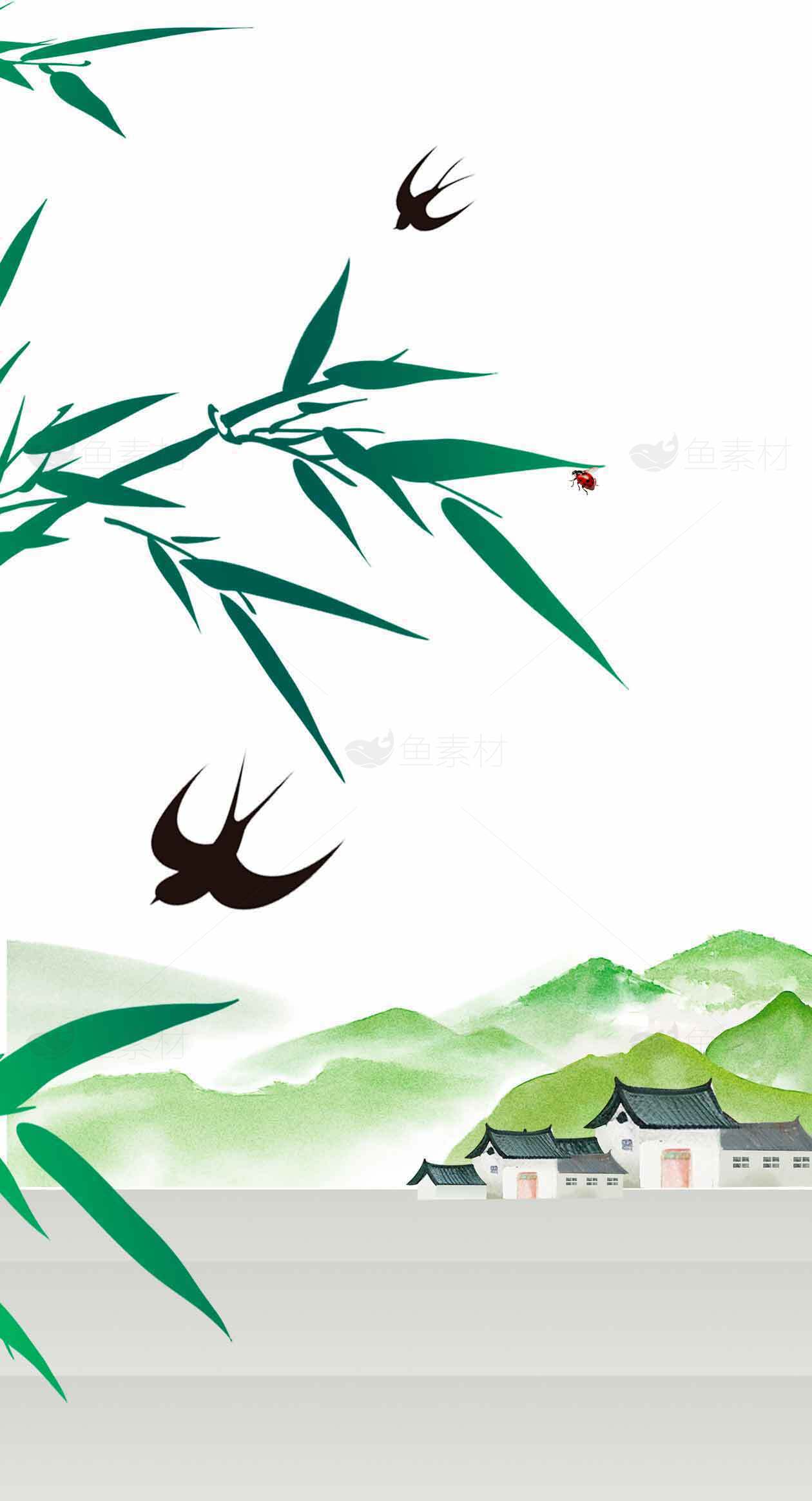 春日田园风光水墨画背景素材