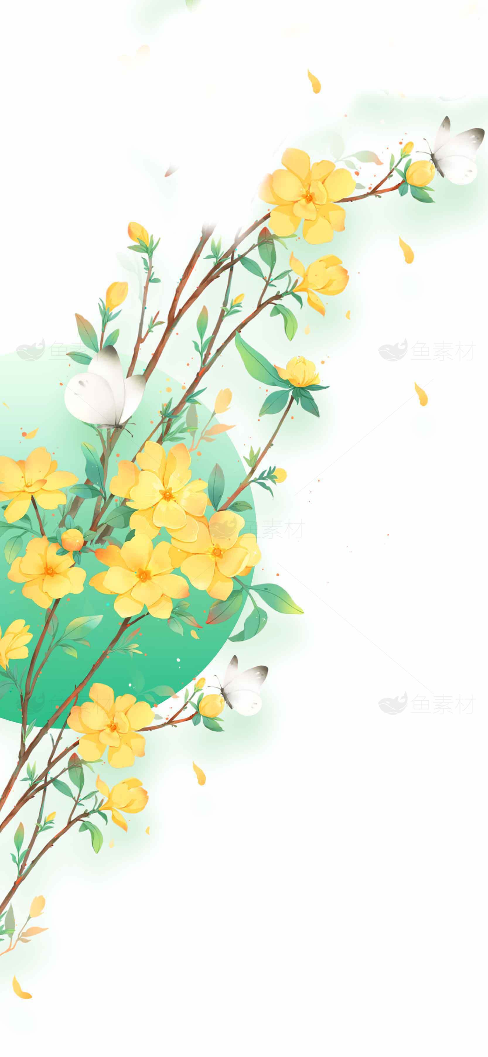 春日黄花与蝴蝶唯美插画背景素材
