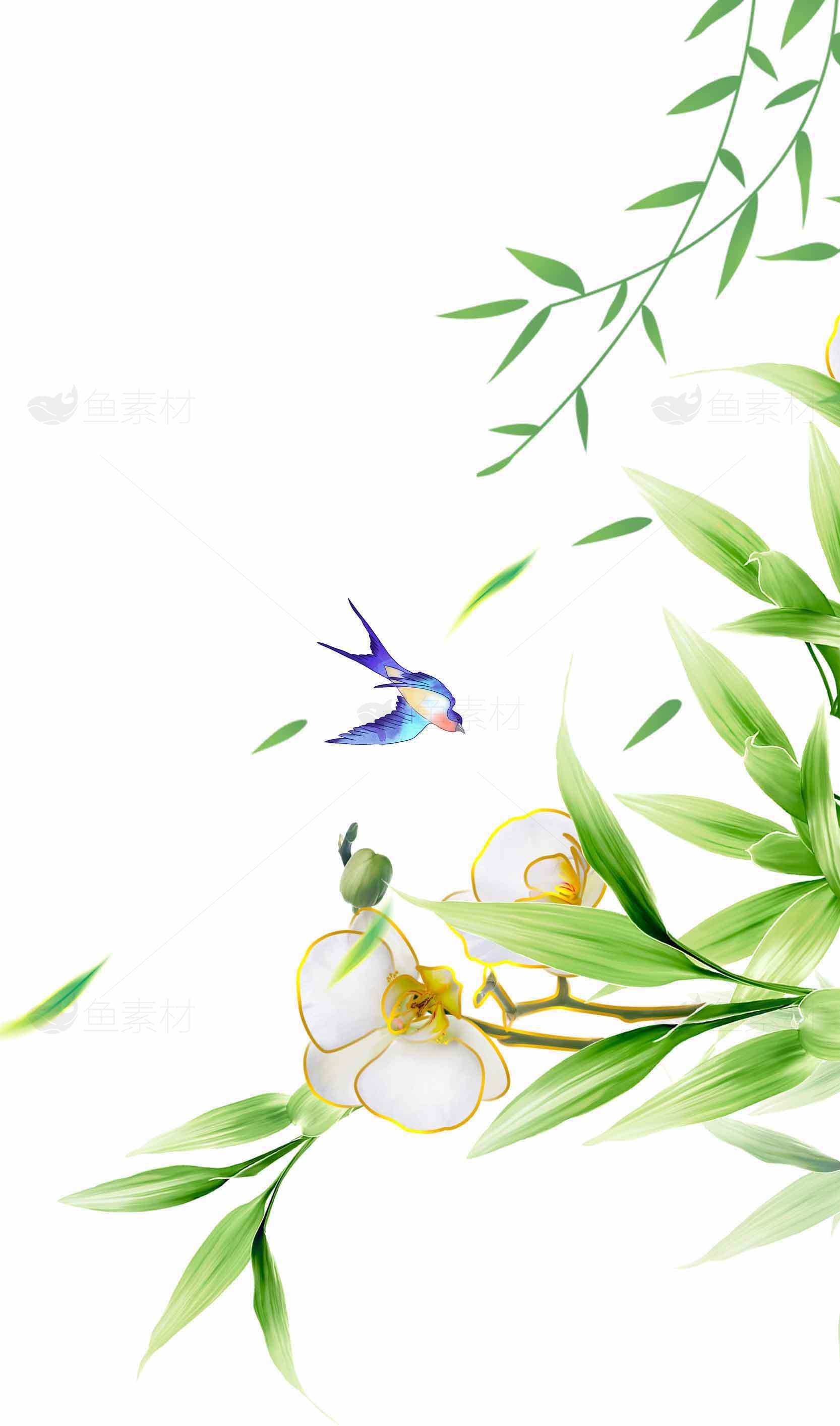 清新水墨风竹子与花鸟背景图片素材
