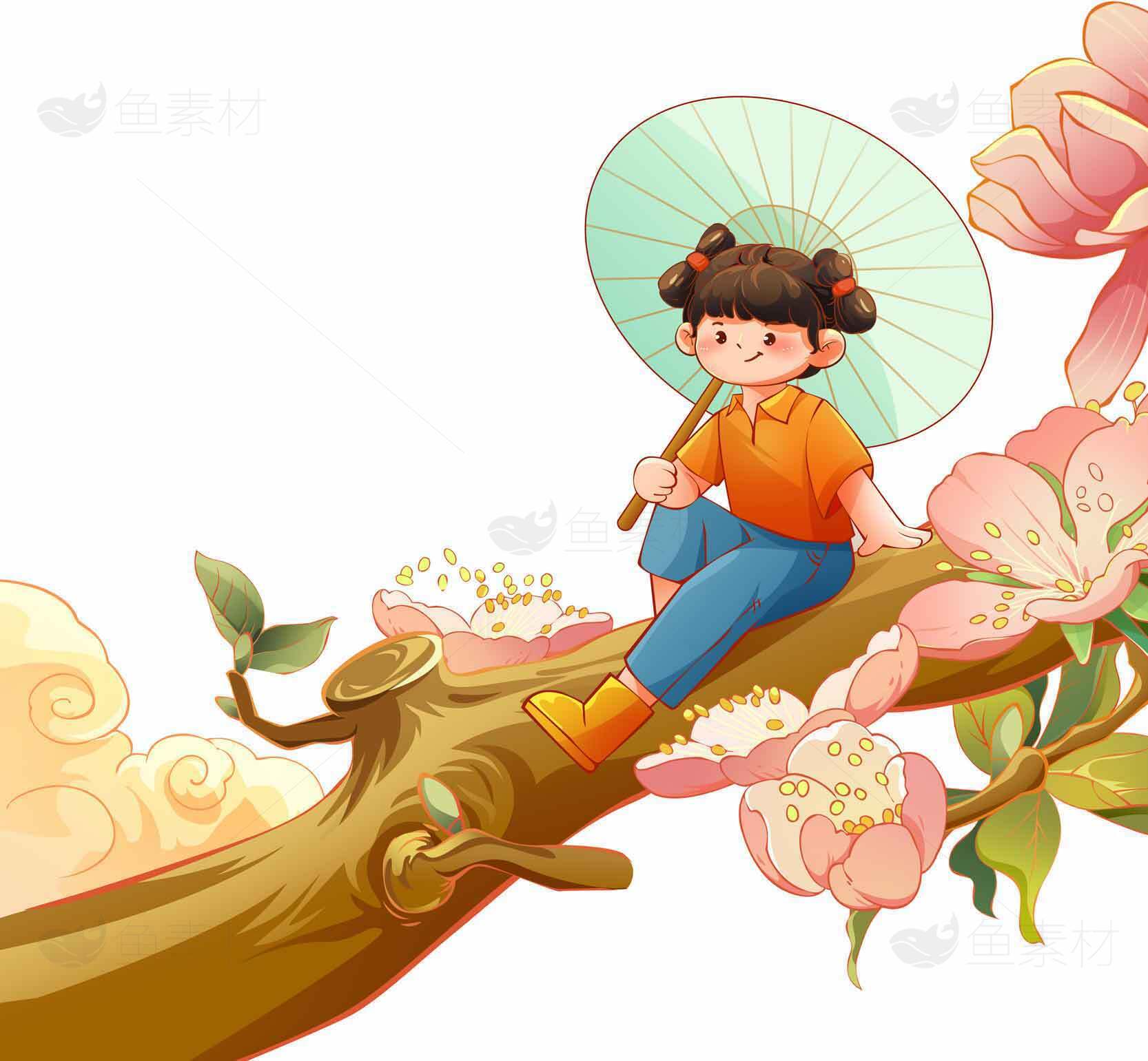 春日树枝上的女孩插画素材