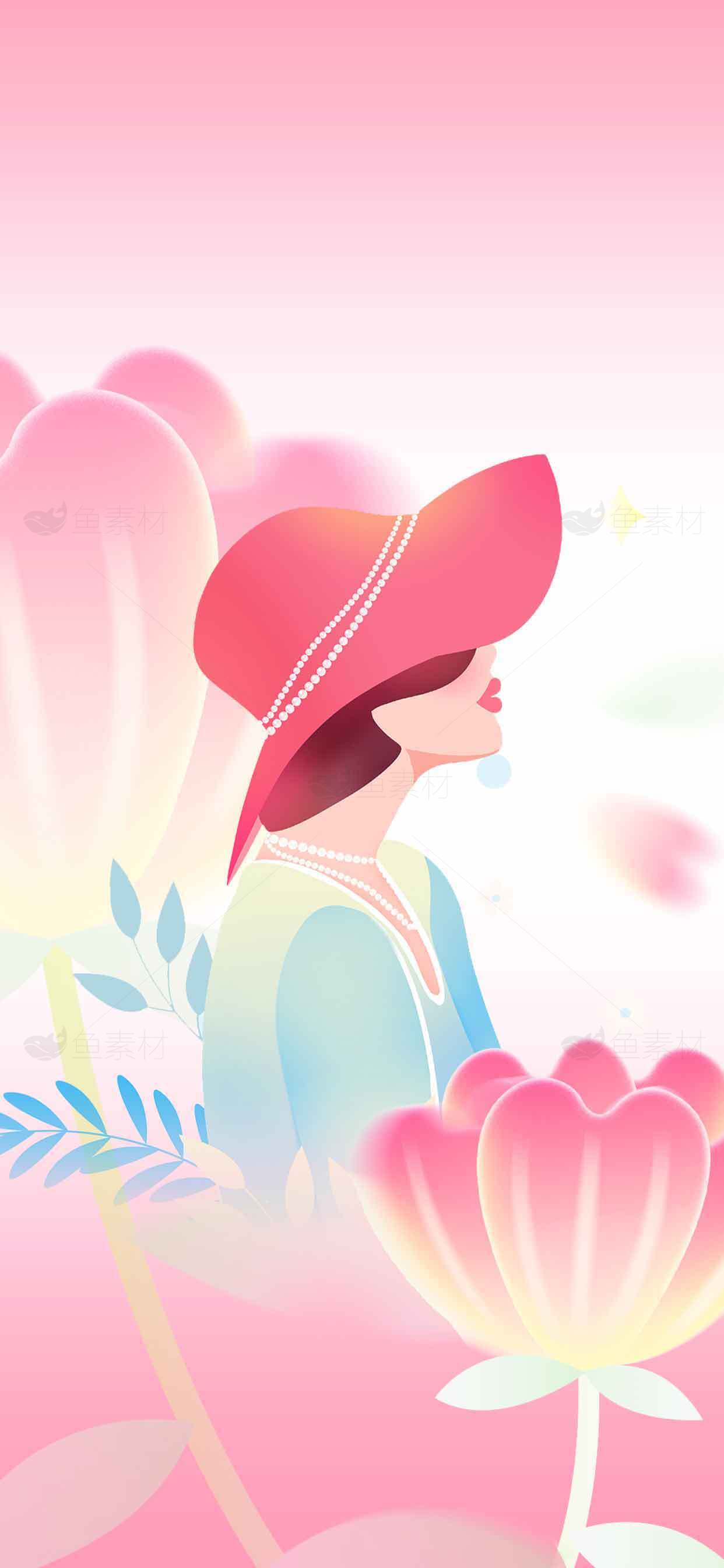 唯美粉色插画：女孩与花朵的浪漫邂逅素材