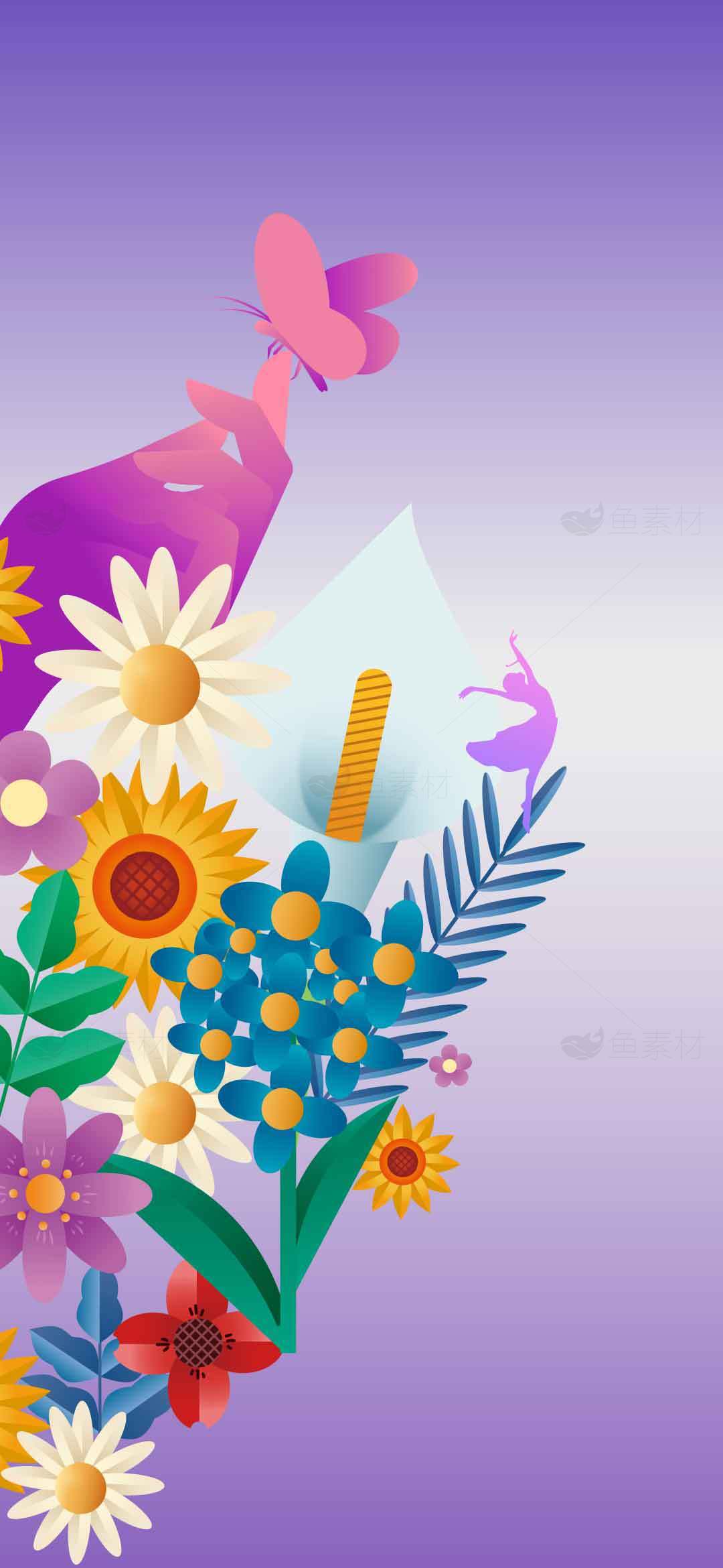 紫色渐变背景与彩色花卉插画设计素材