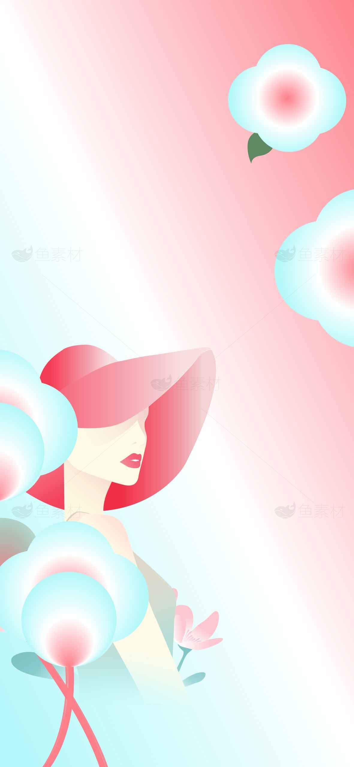 唯美插画：红帽女子与花朵背景素材