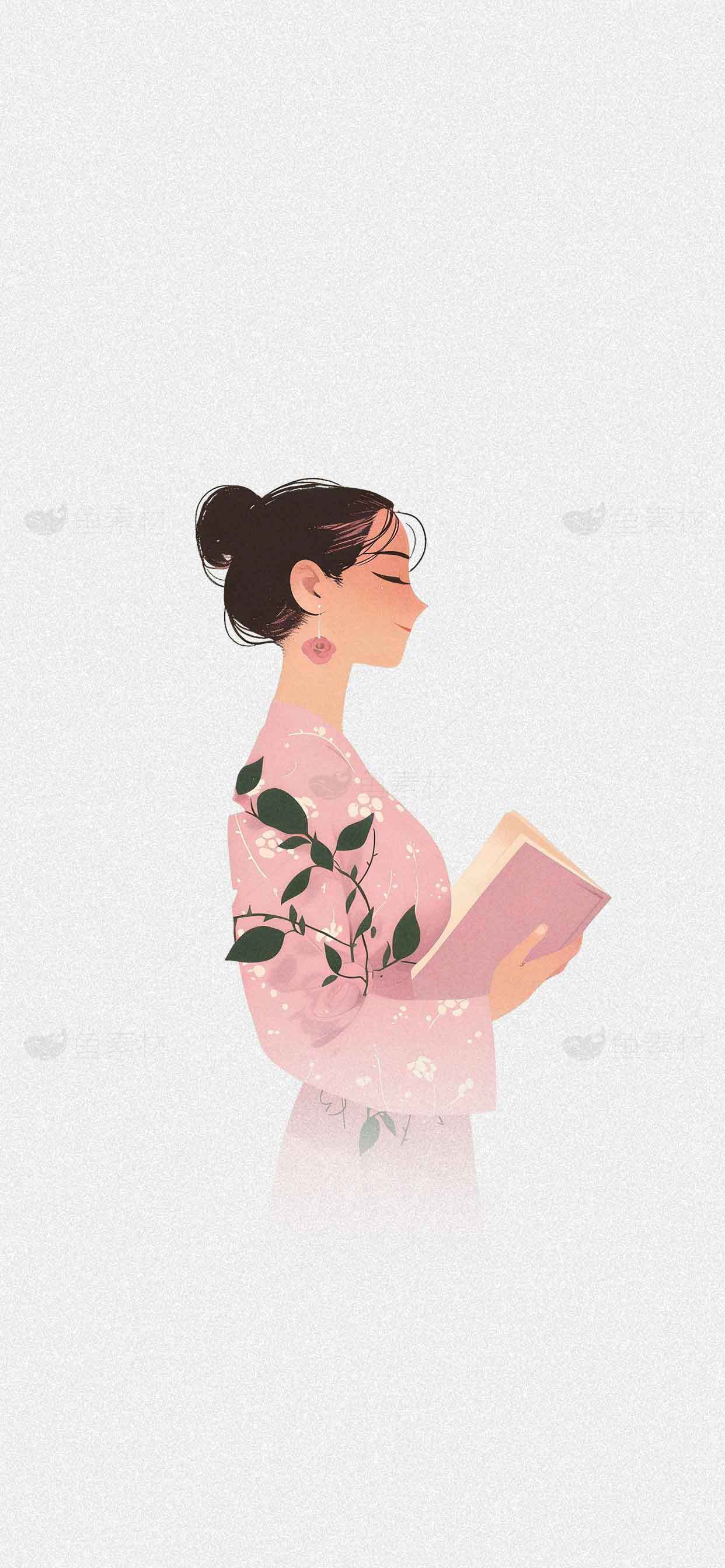 唯美插画风格女子手捧书本图片素材