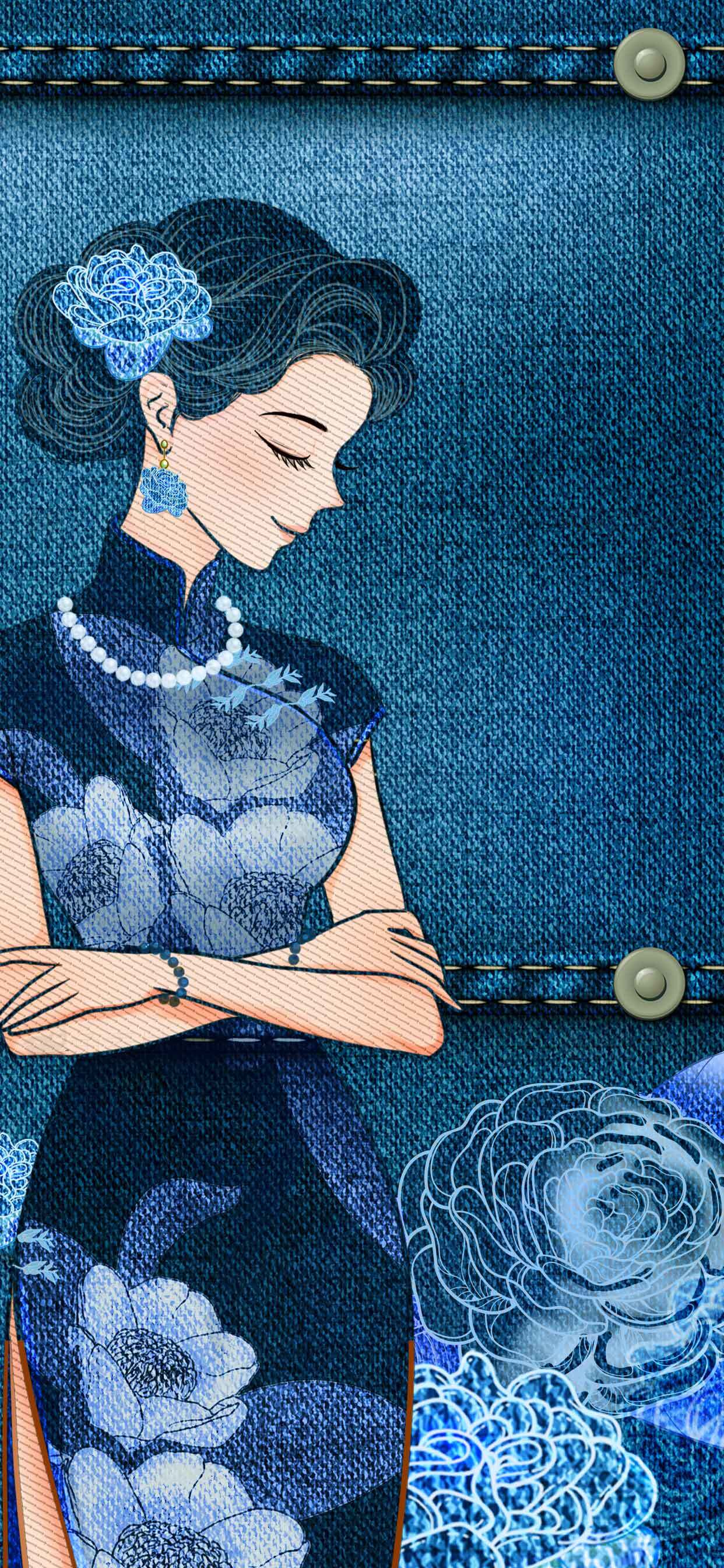 复古牛仔风格旗袍插画设计素材