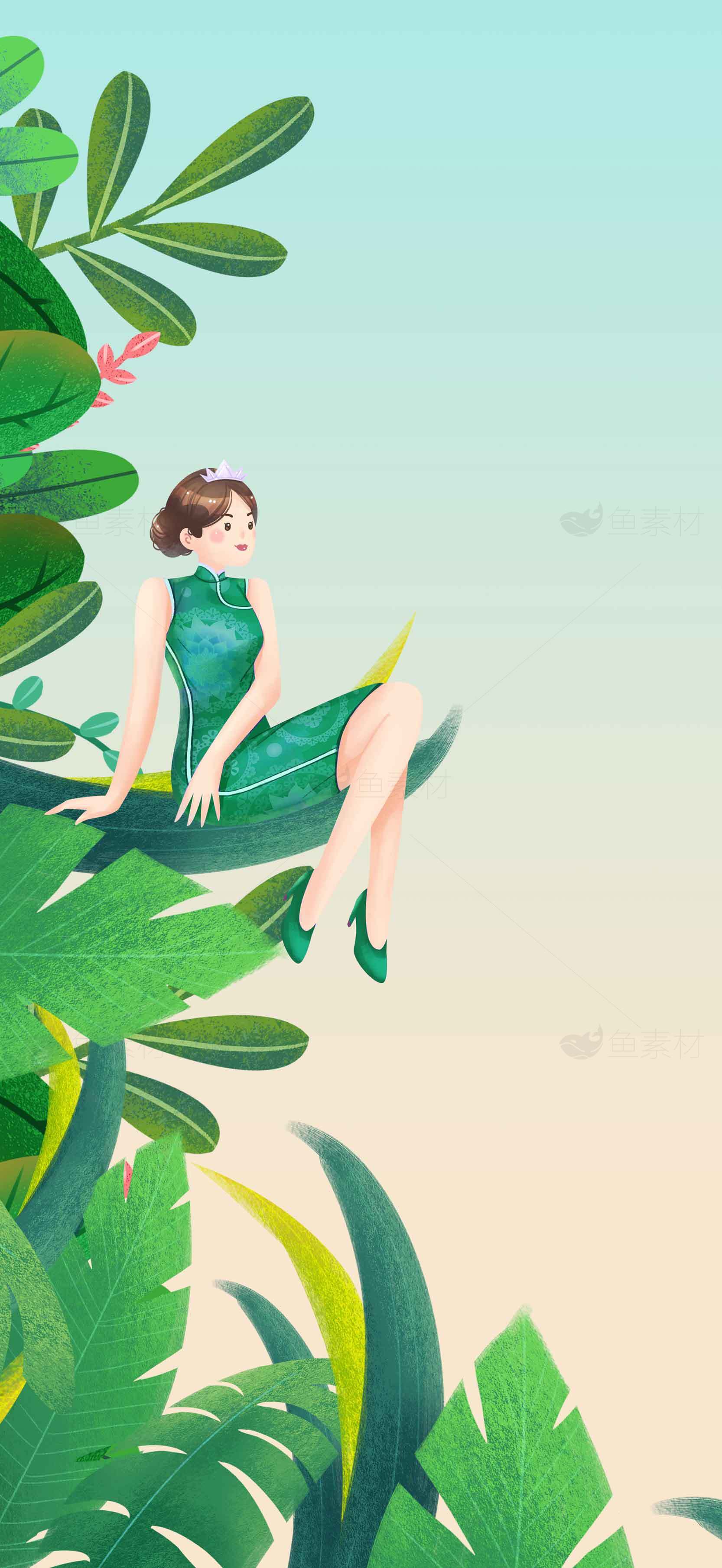 清新自然插画风格女性与绿植背景素材