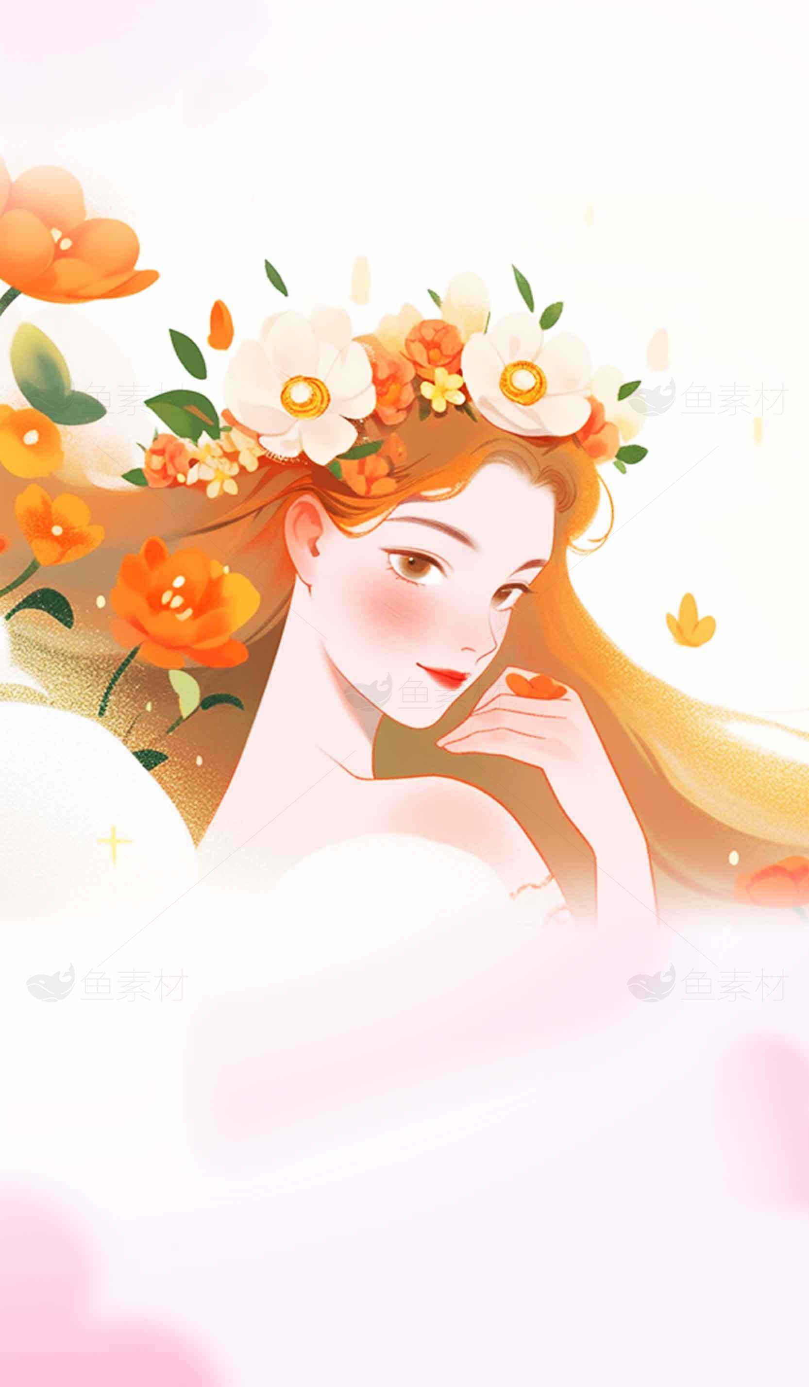 唯美花环少女插画背景图片素材