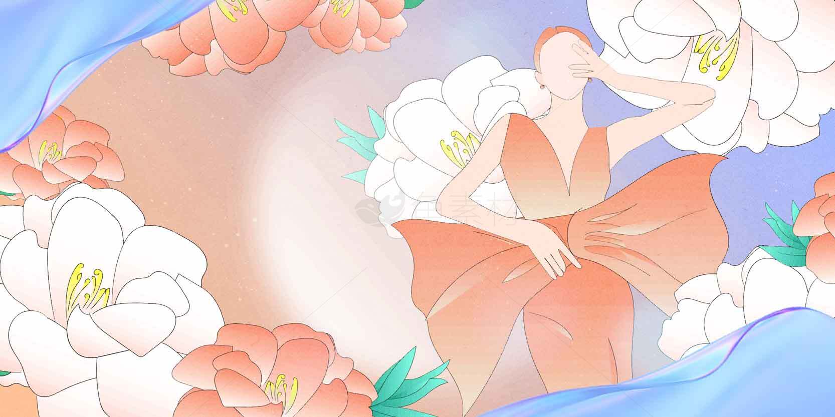 唯美花卉与女性插画背景设计素材