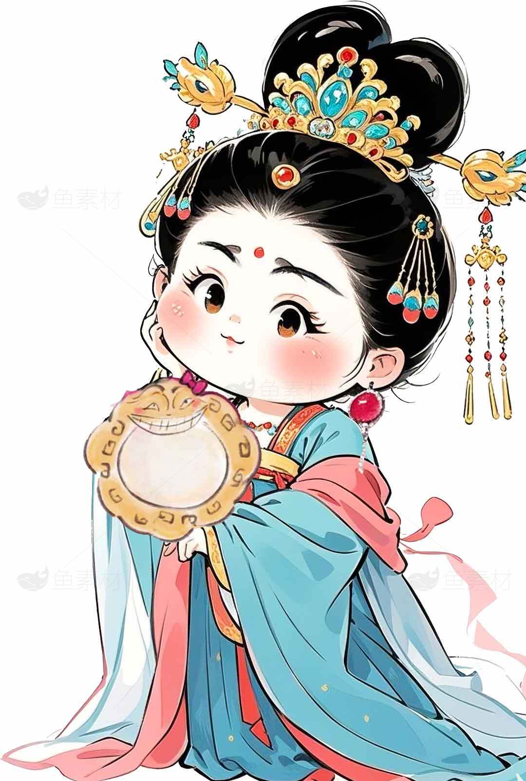 古风插画：华丽宫廷仕女手持团扇素材