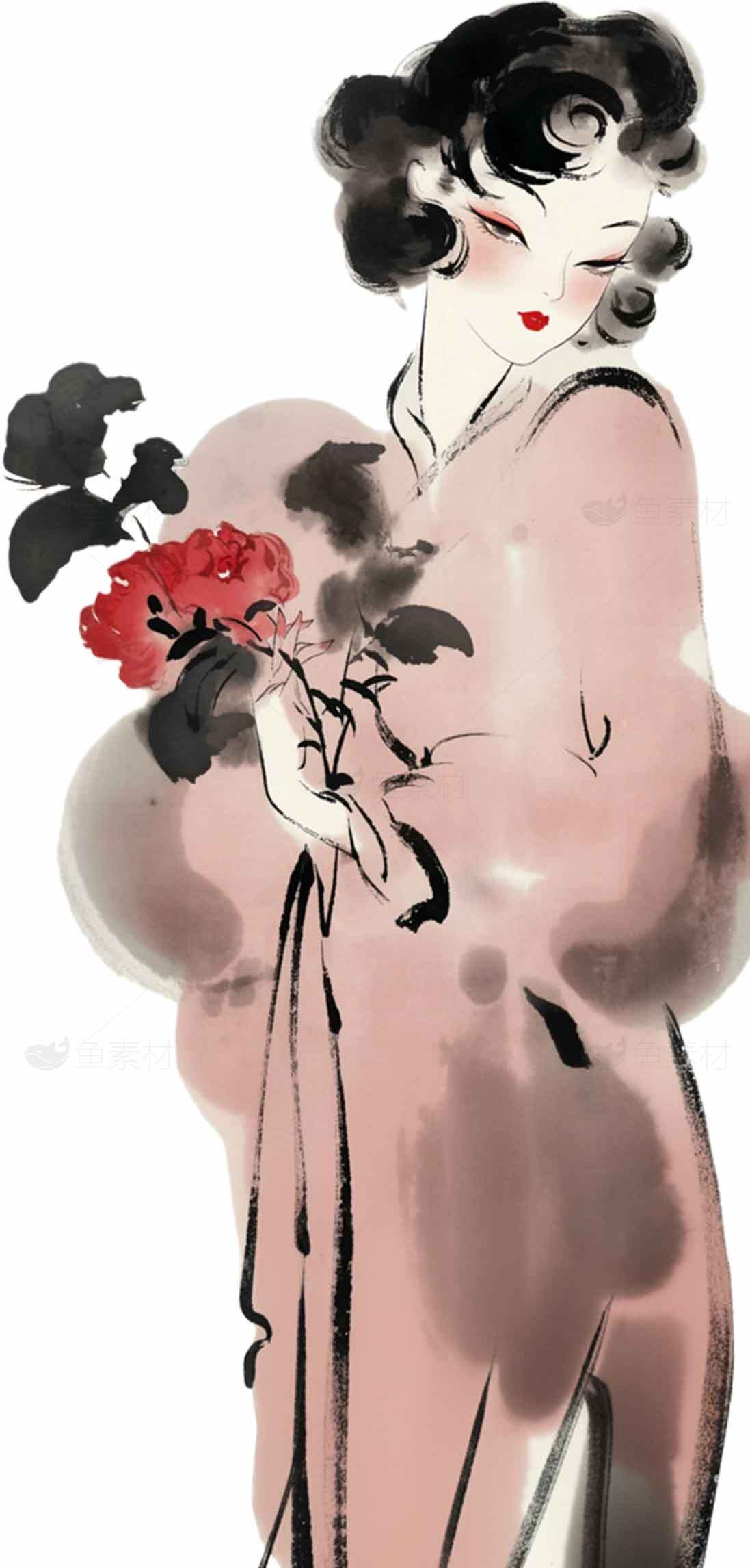 中国风水墨画女性手持红花插画素材