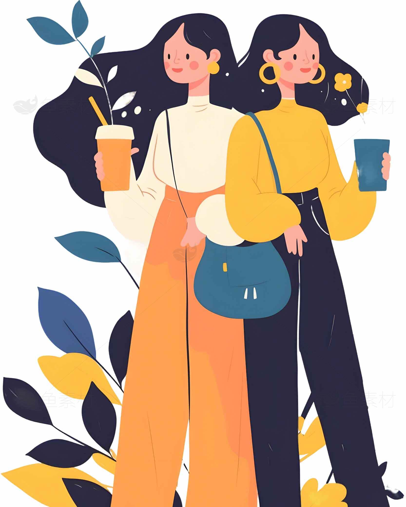 插画风格两女生手拿水杯时尚场景素材