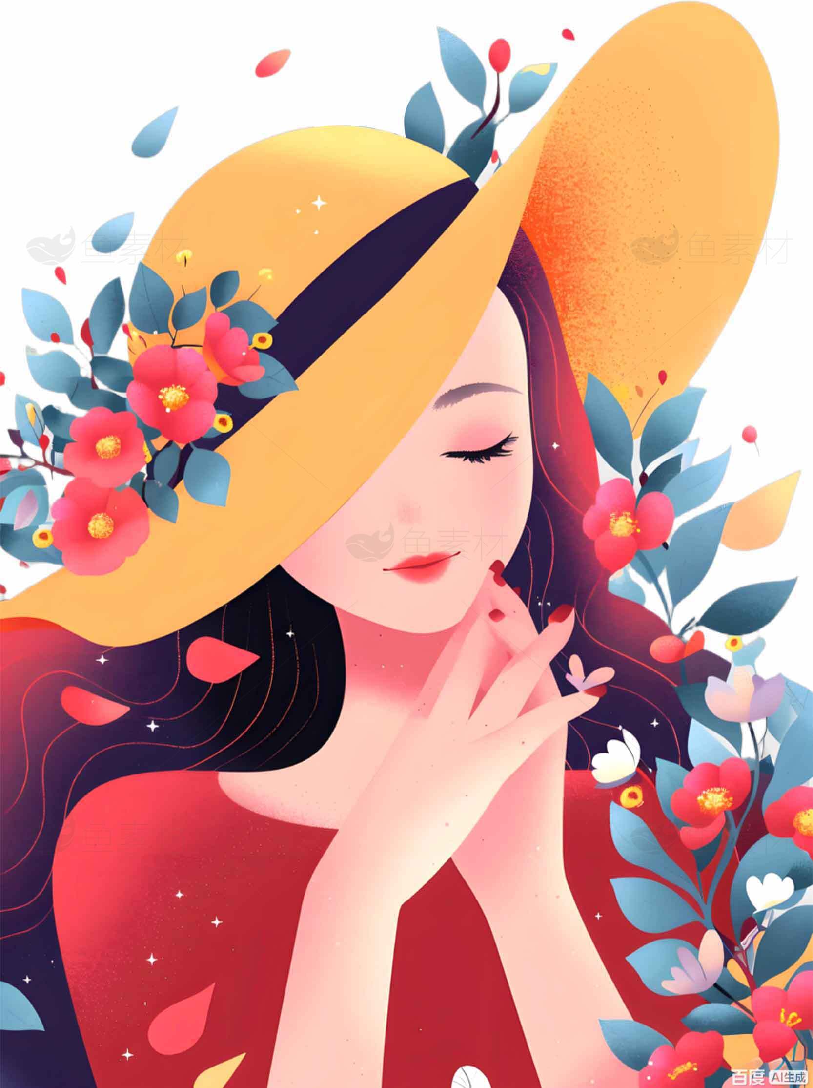 唯美插画风格女子与花卉背景素材