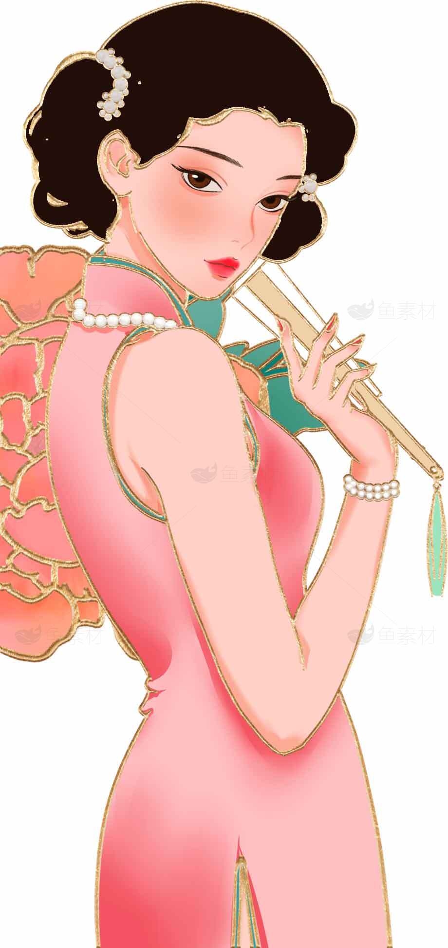 复古旗袍插画：东方女性优雅之美素材