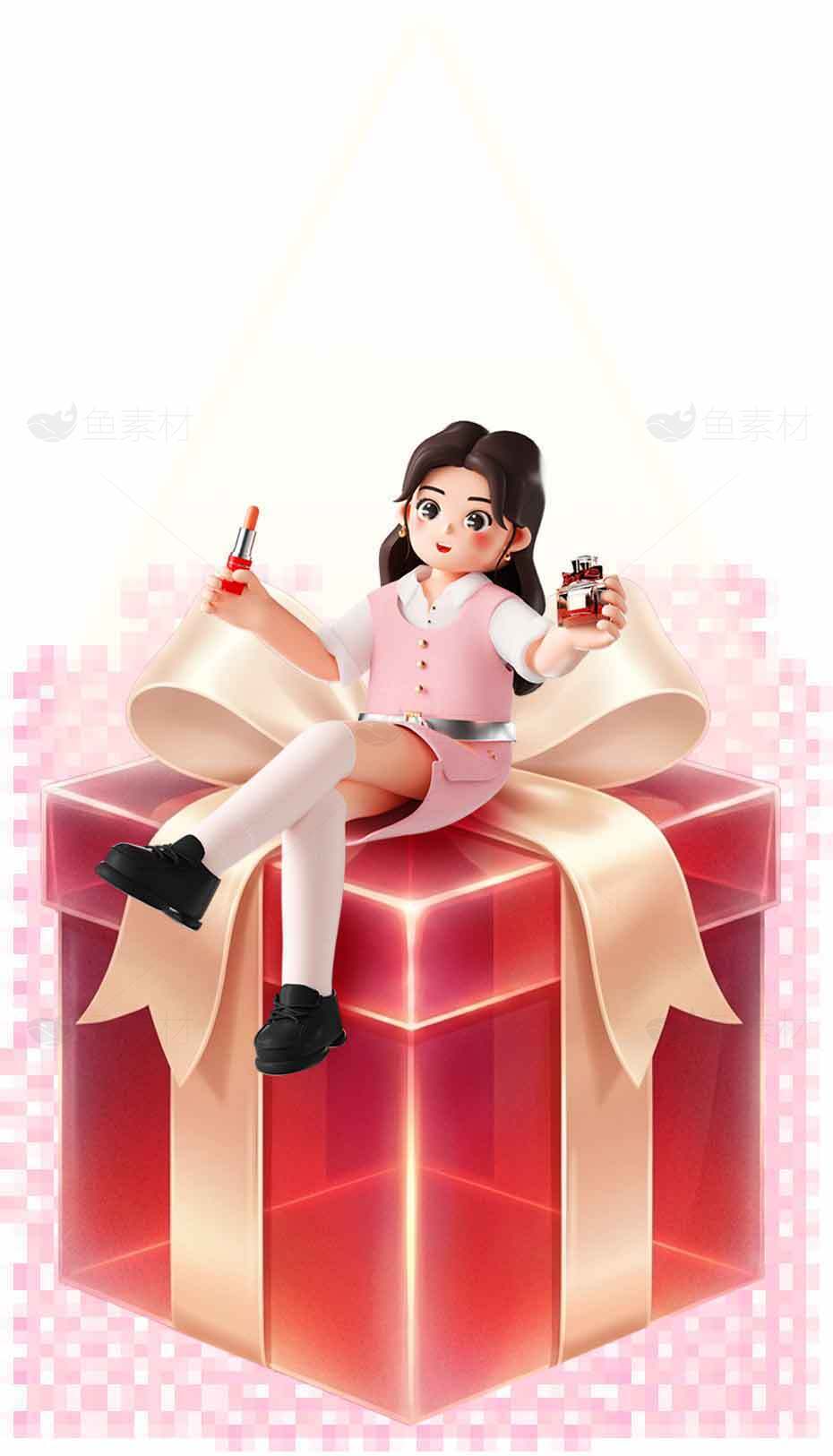 可爱女孩坐在礼物盒上的创意插画素材