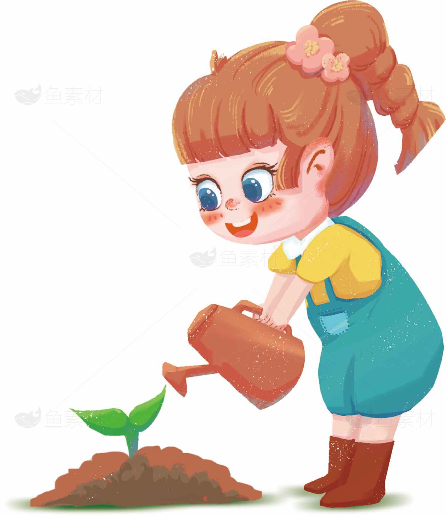 小女孩浇灌植物的卡通插画素材