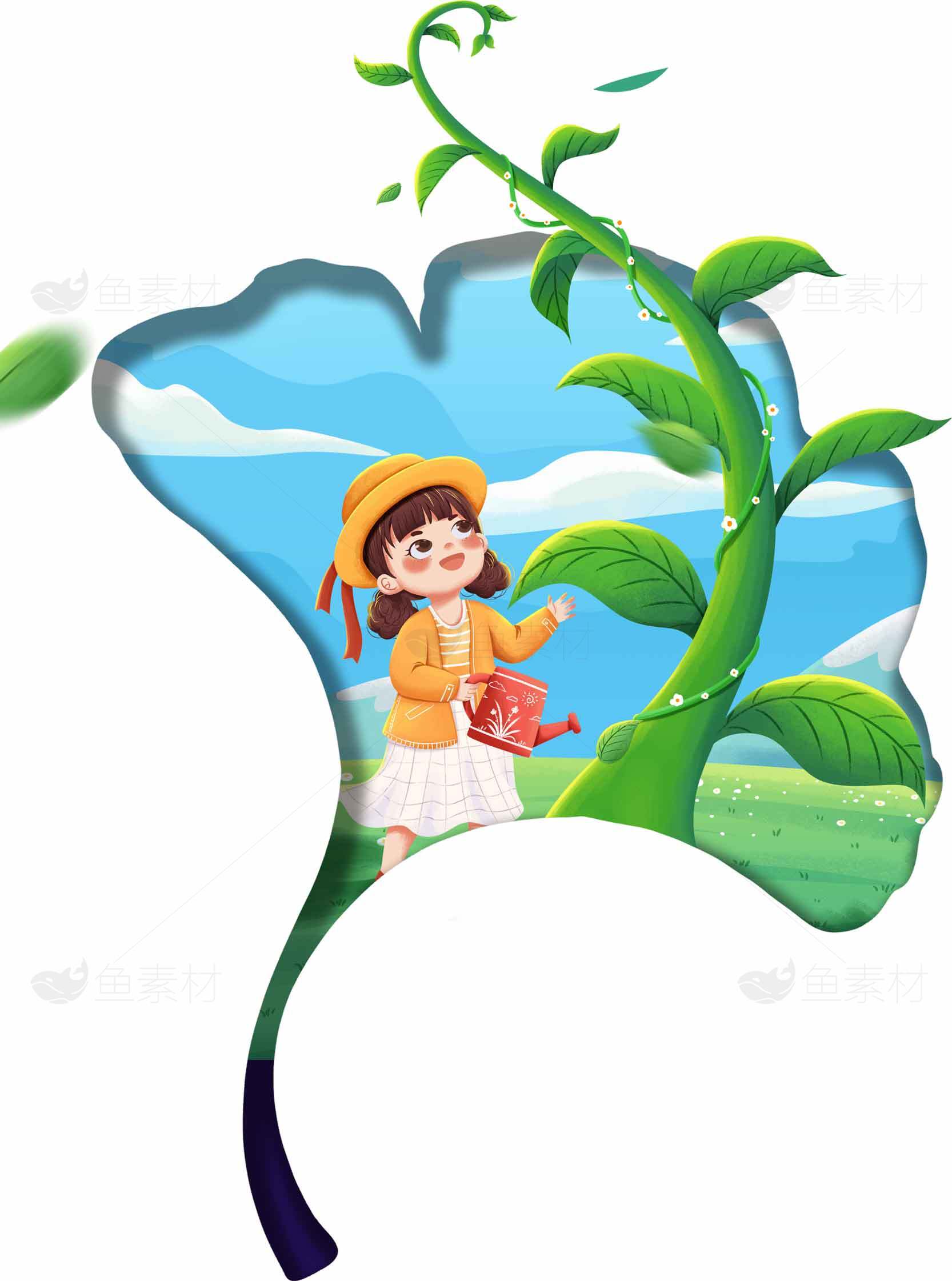 童趣插画：女孩与绿色藤蔓的自然之旅素材