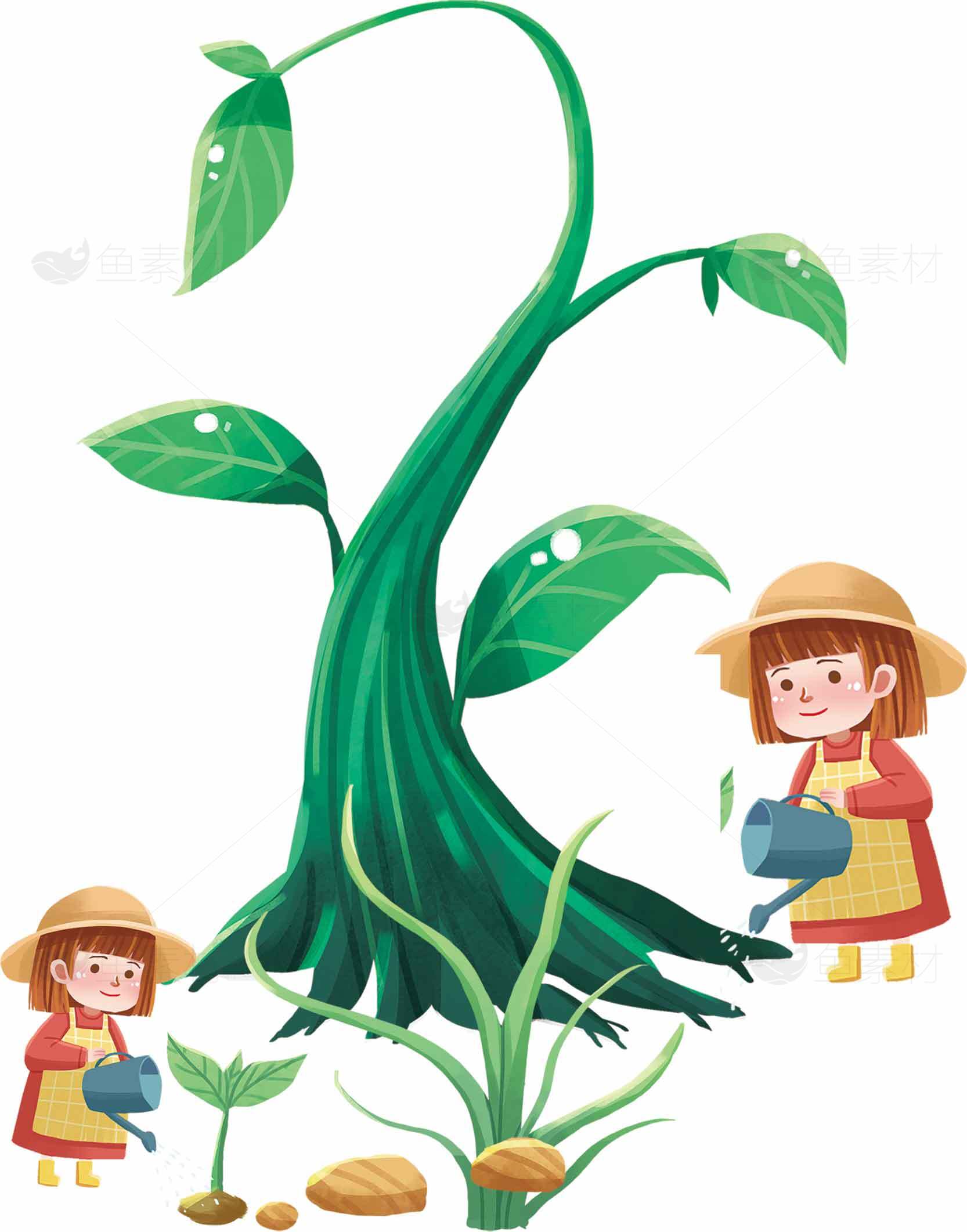 儿童浇灌植物的卡通插画素材