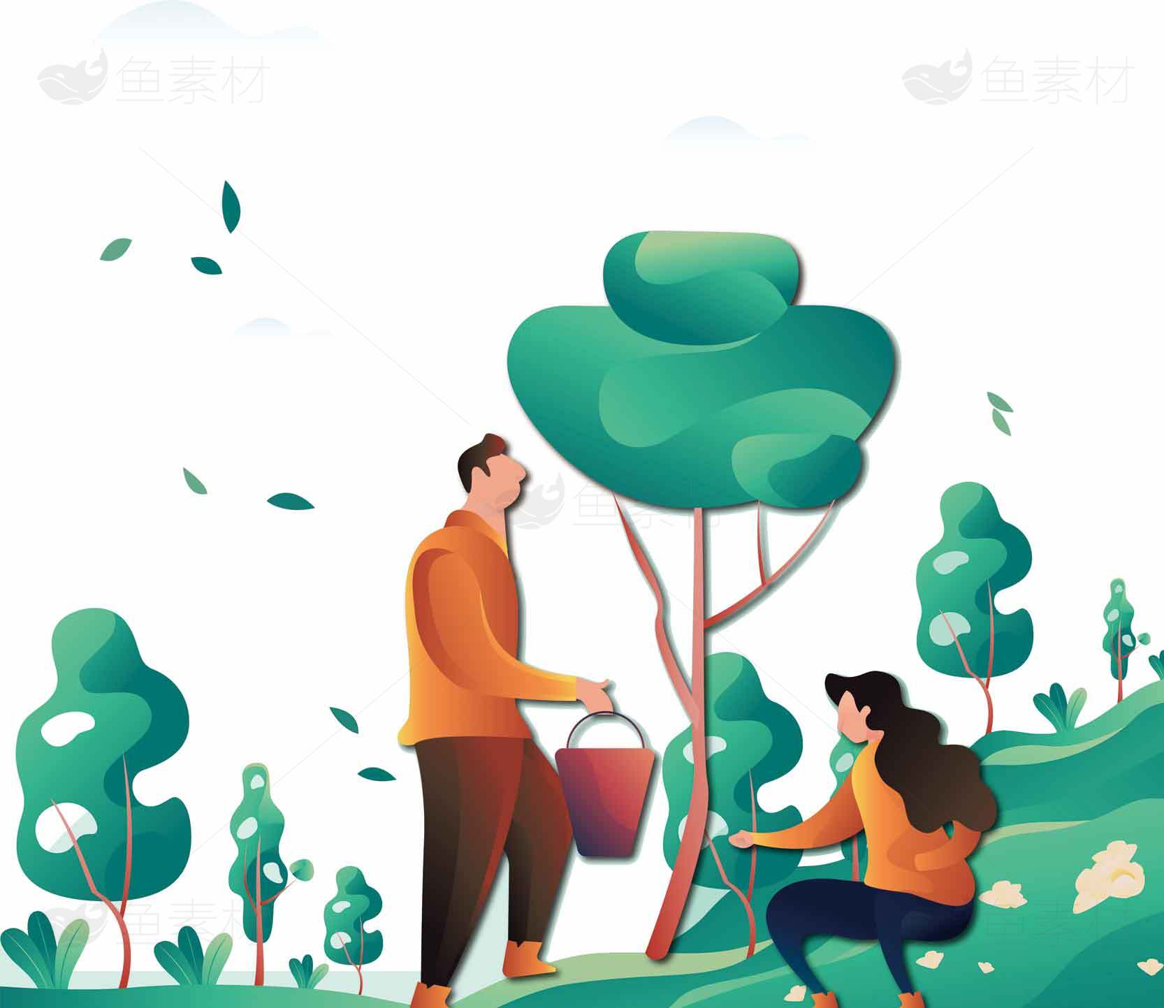 植树环保插画：展现人与自然和谐共处素材