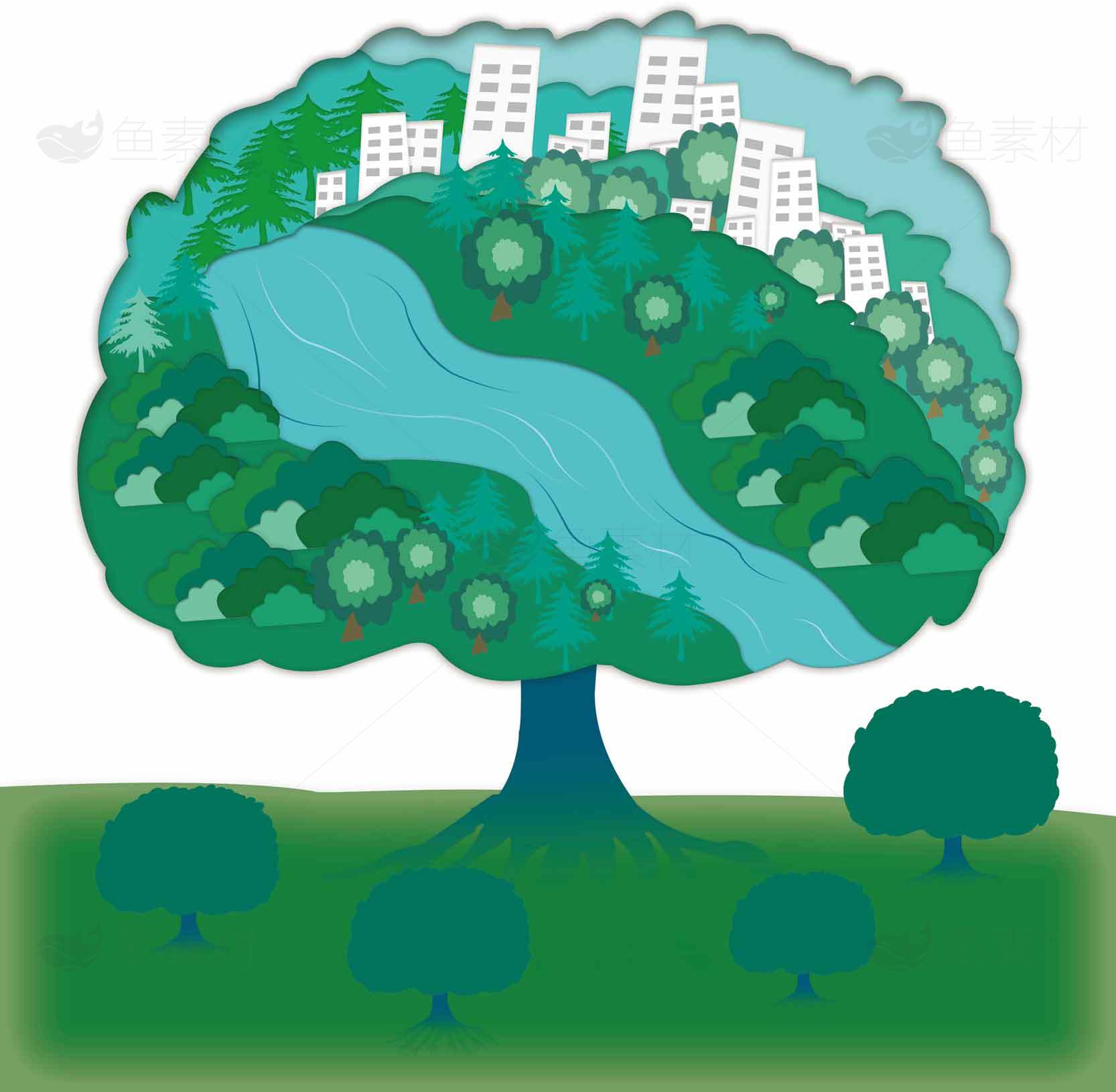 绿色城市与自然和谐共生插画素材