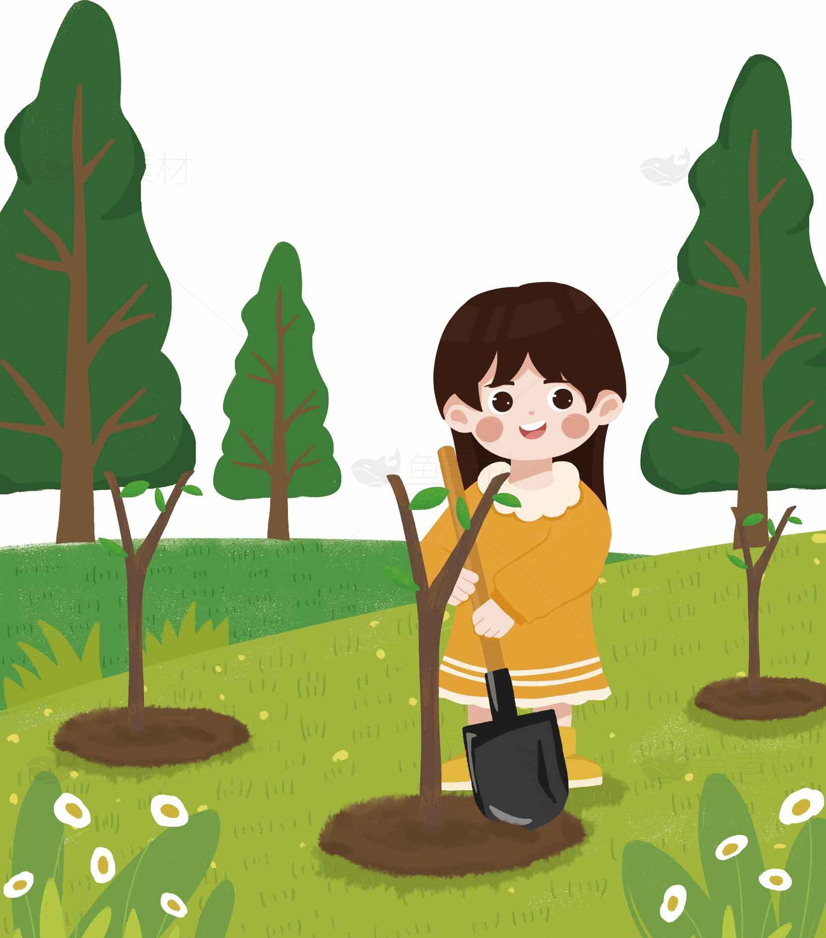 植树节插画：女孩种树的环保行动素材