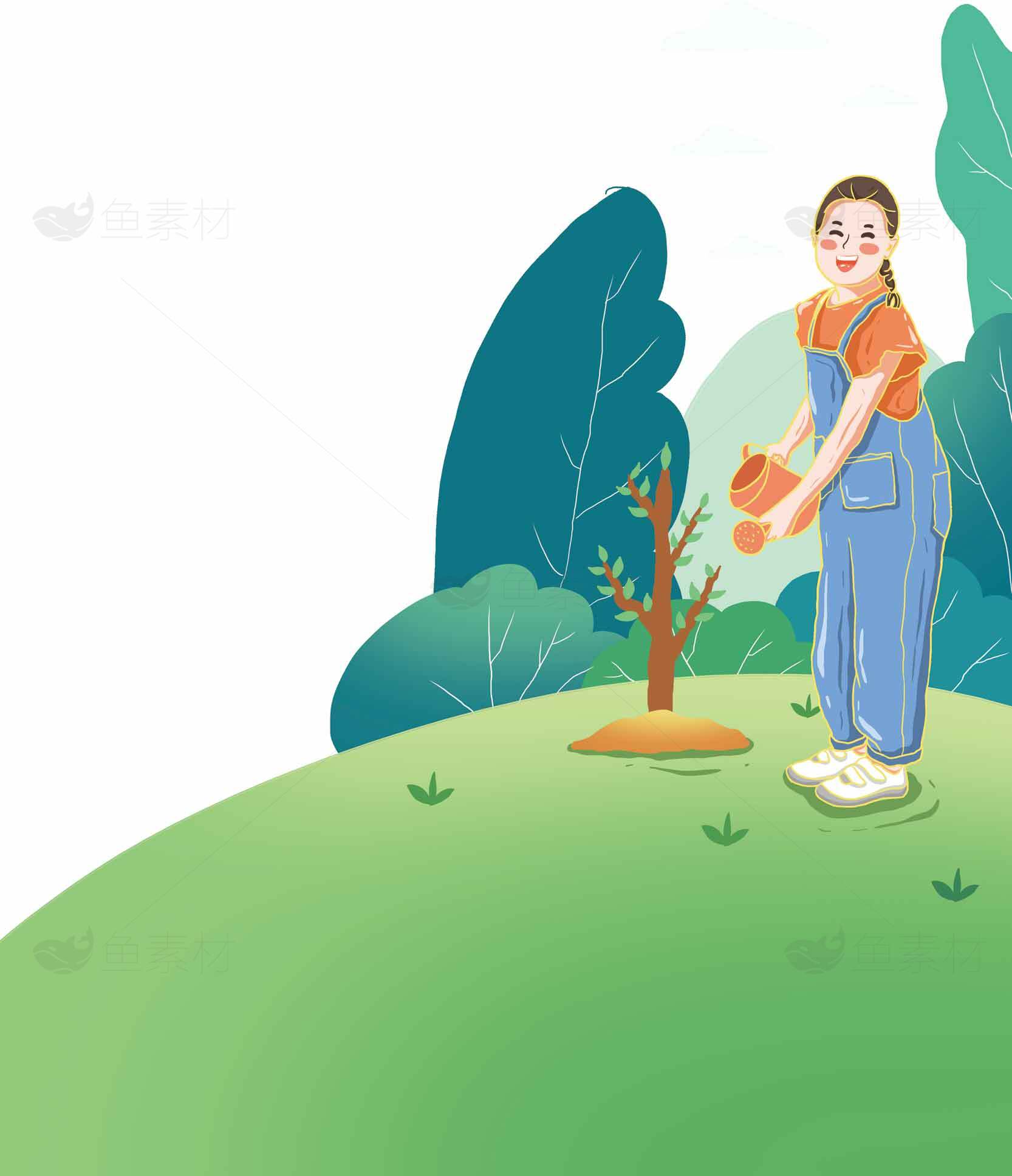 儿童种树插画：环保与自然主题素材