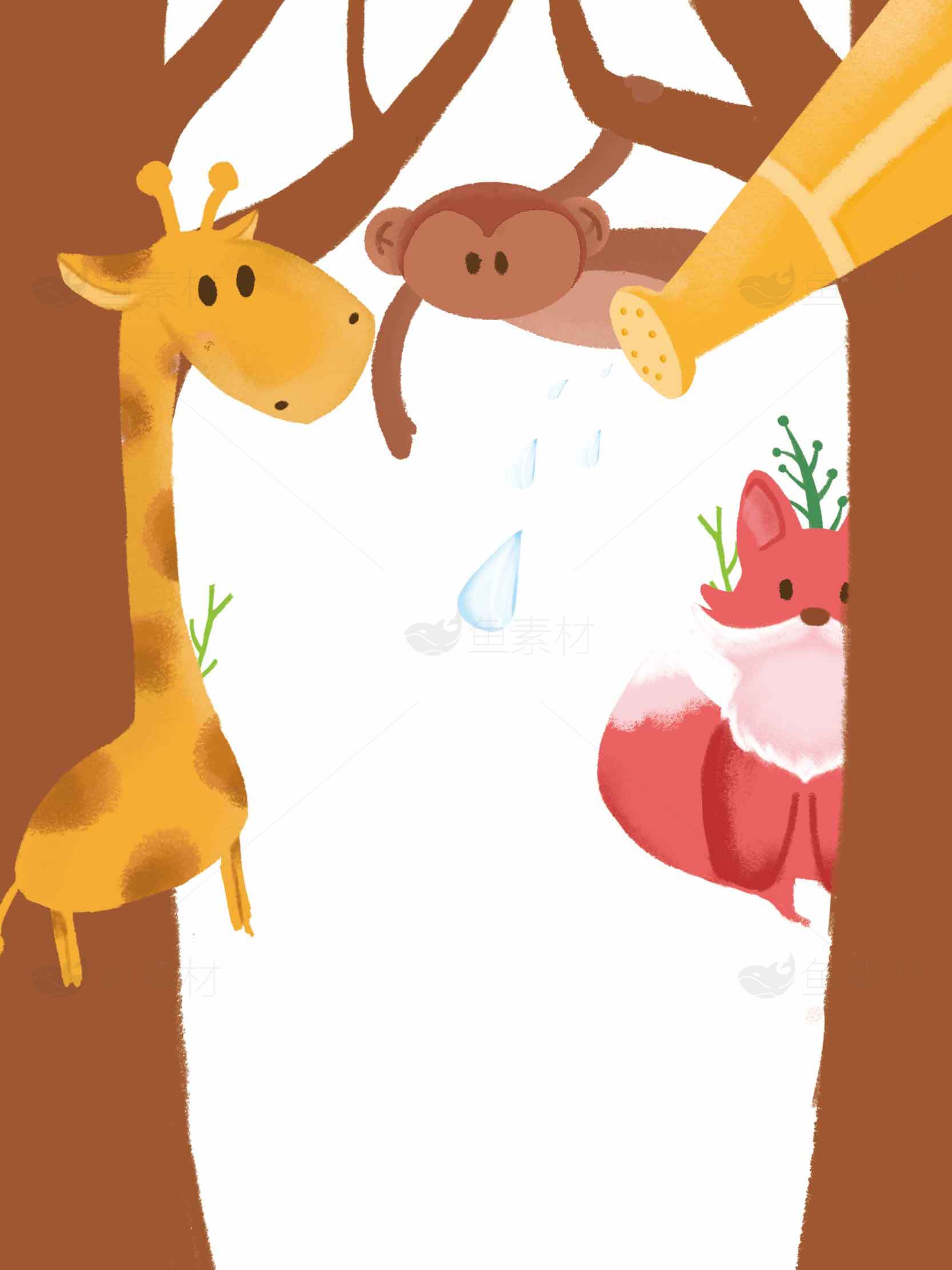 森林中的长颈鹿、猴子和狐狸插画素材