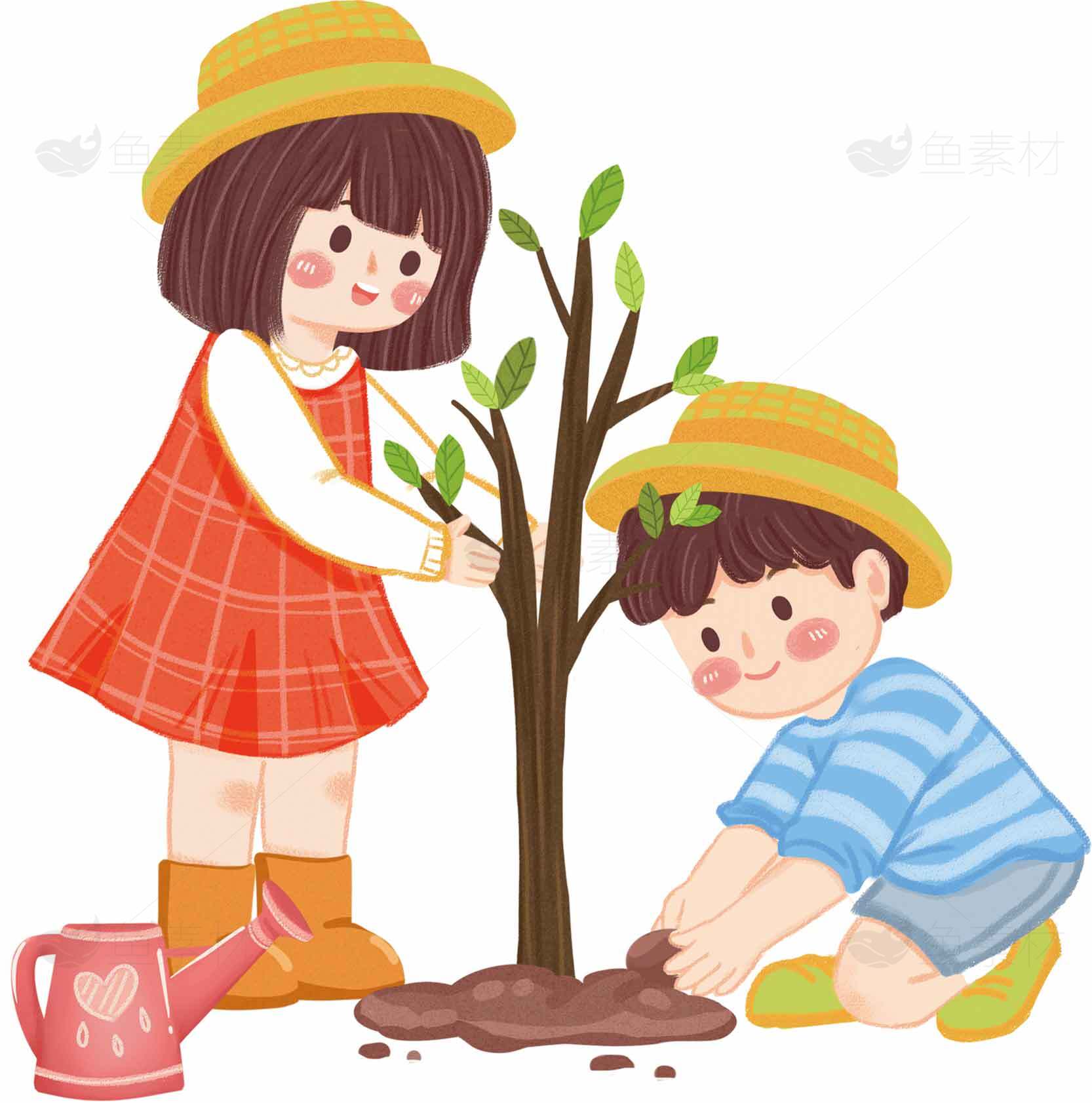 儿童植树插画图片-环保主题教育素材