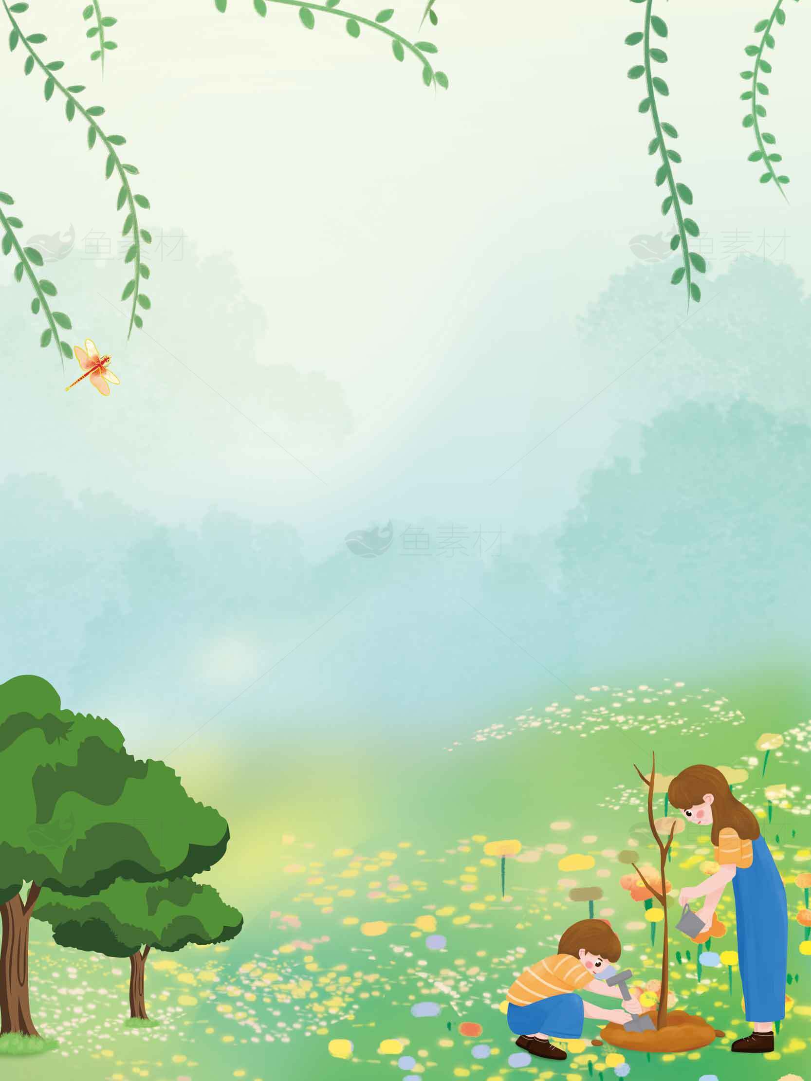 春天植树节插画：孩子们种树的环保活动素材