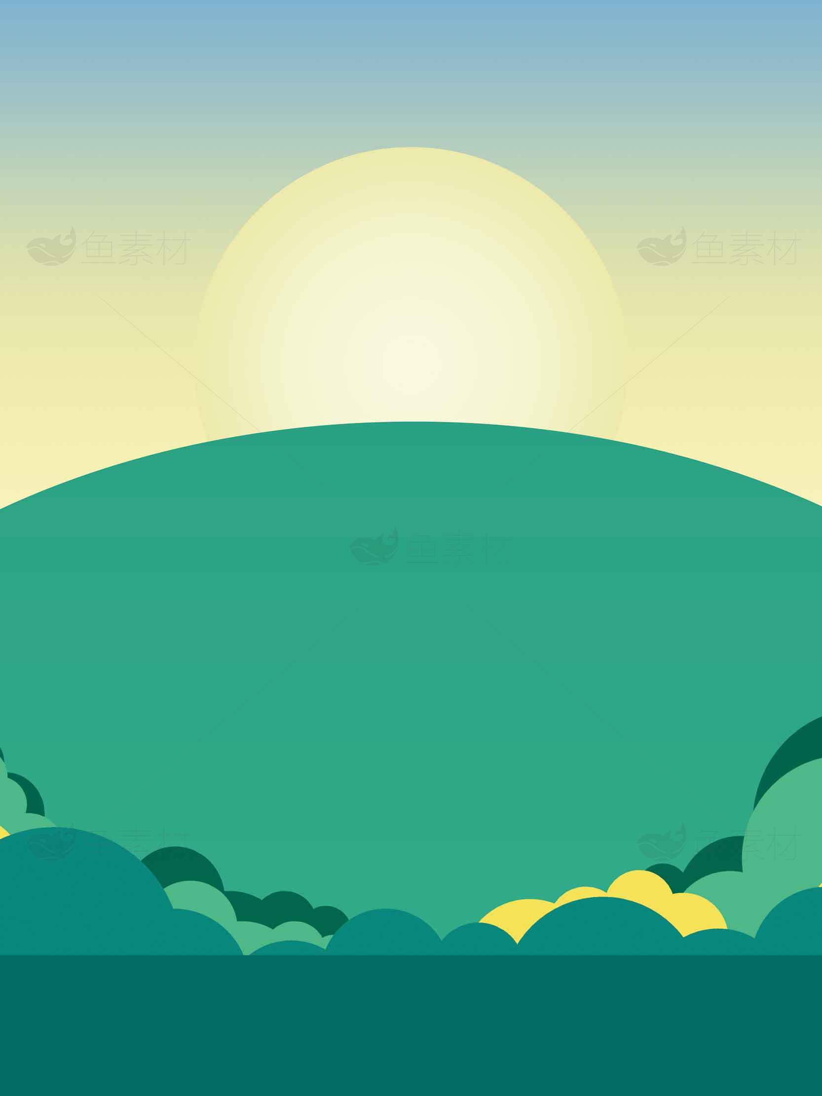 清新自然风景插画：日出与绿色山丘素材