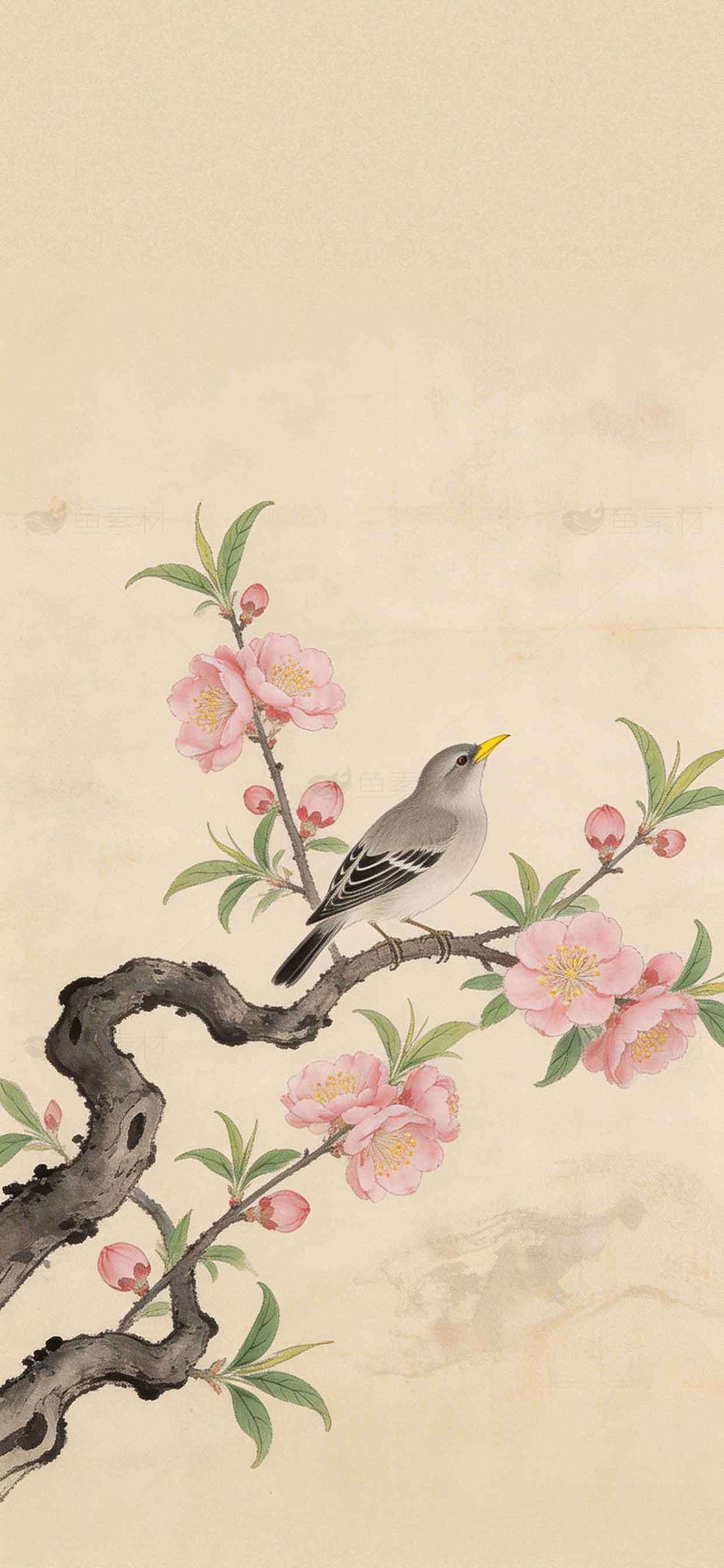 国画风格桃花与小鸟唯美插画素材