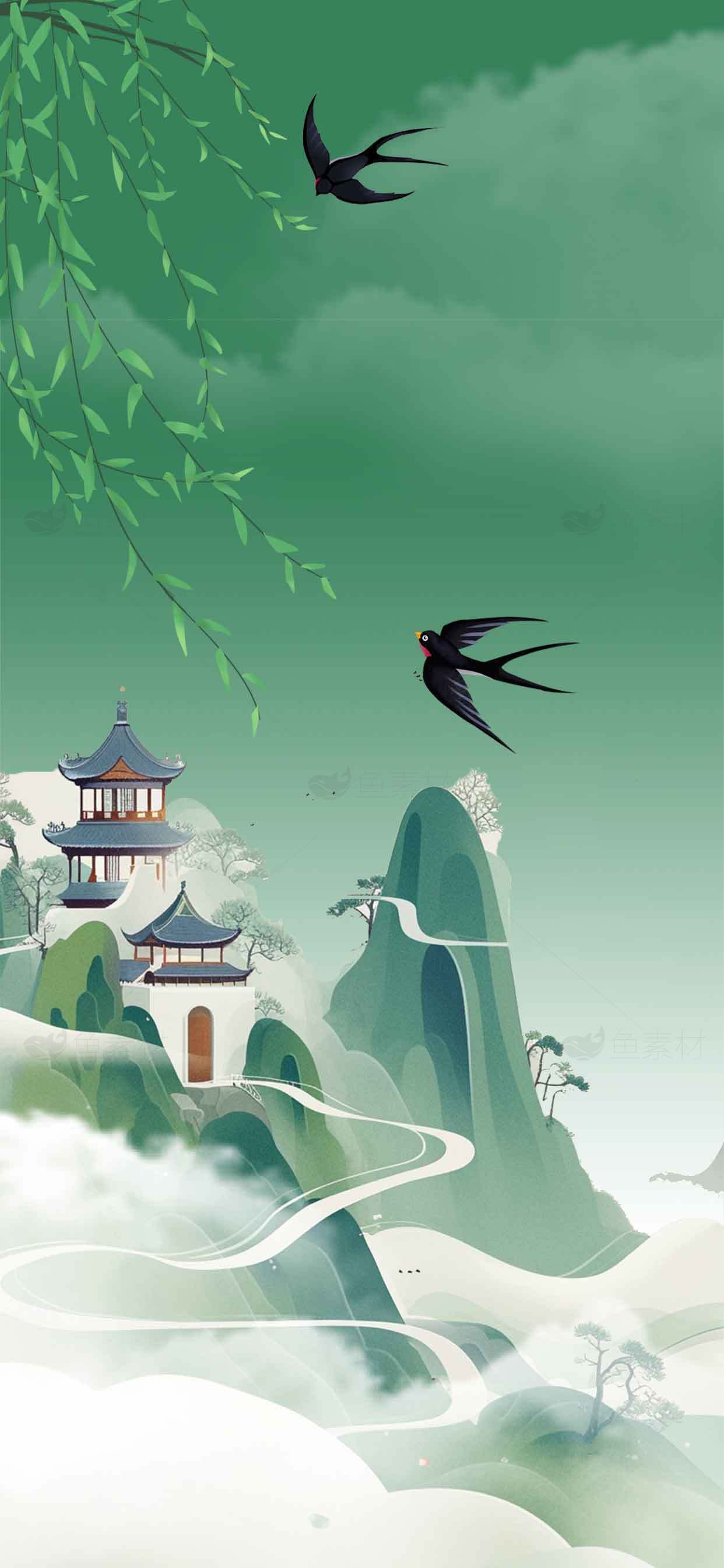 中国风山水画意境插画高清壁纸素材