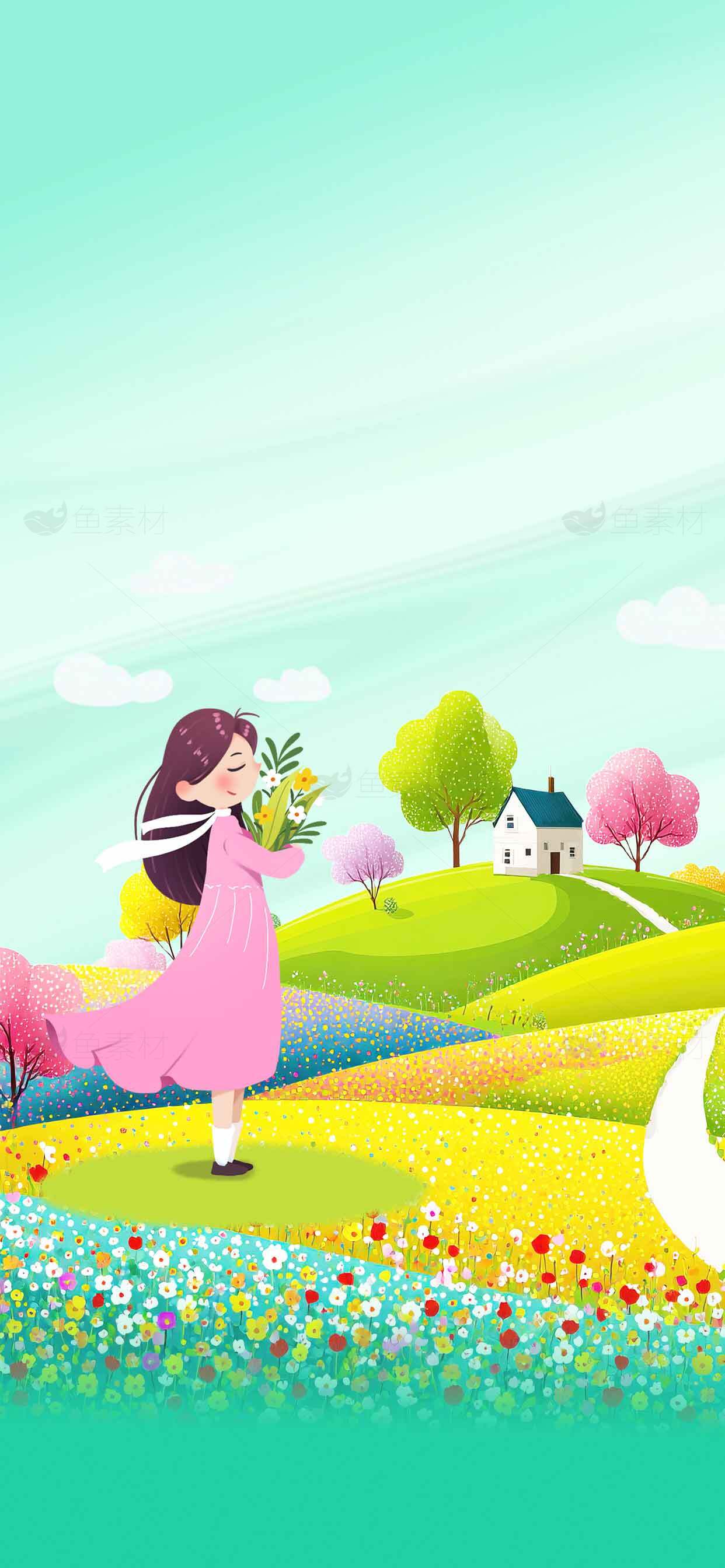 春季田园景色插画背景图素材