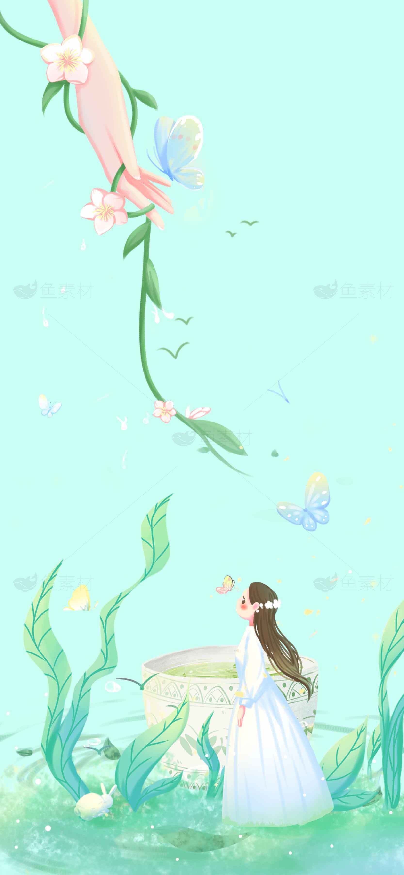 唯美插画：少女与自然的梦幻邂逅素材