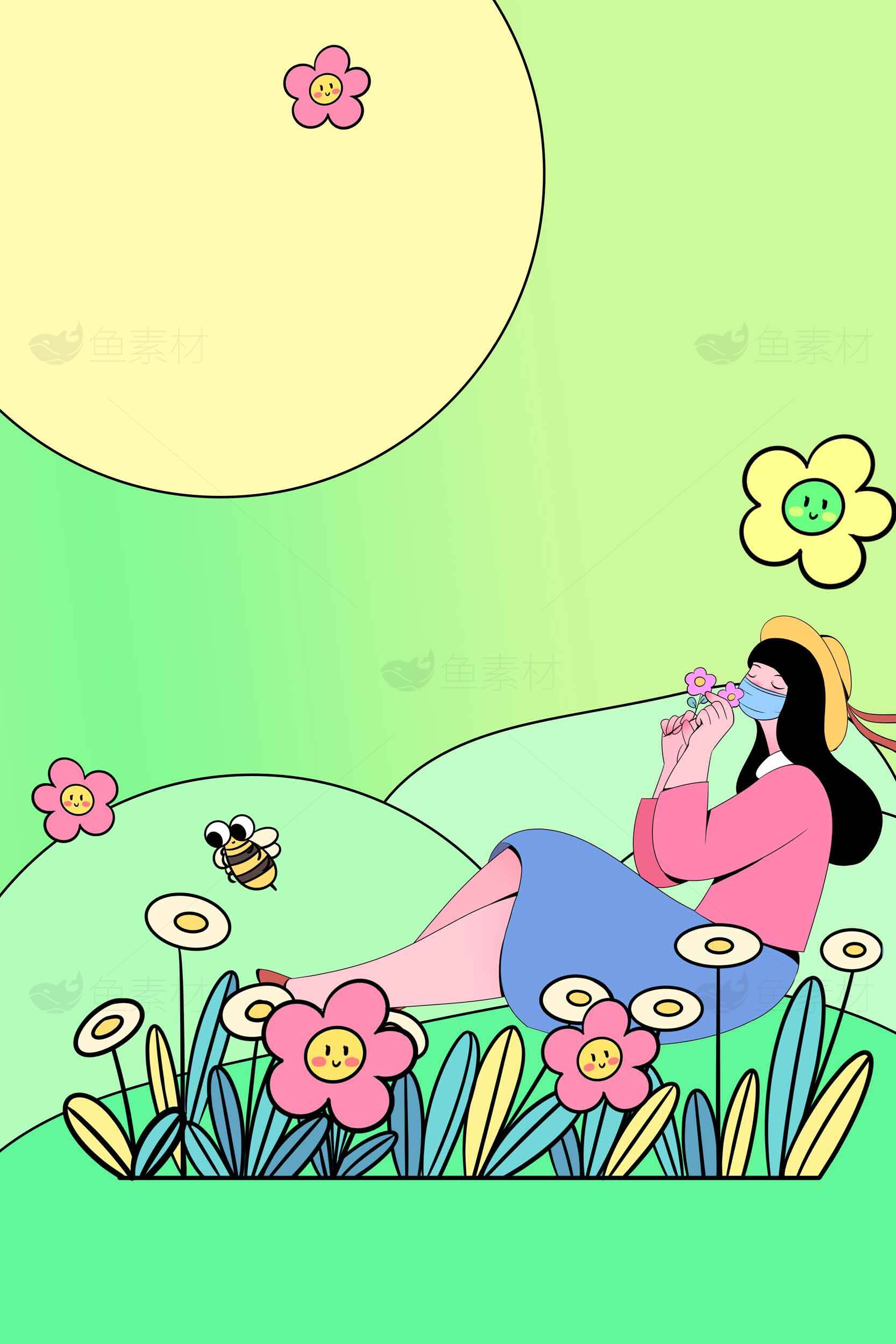 春日田园插画风格背景图片素材
