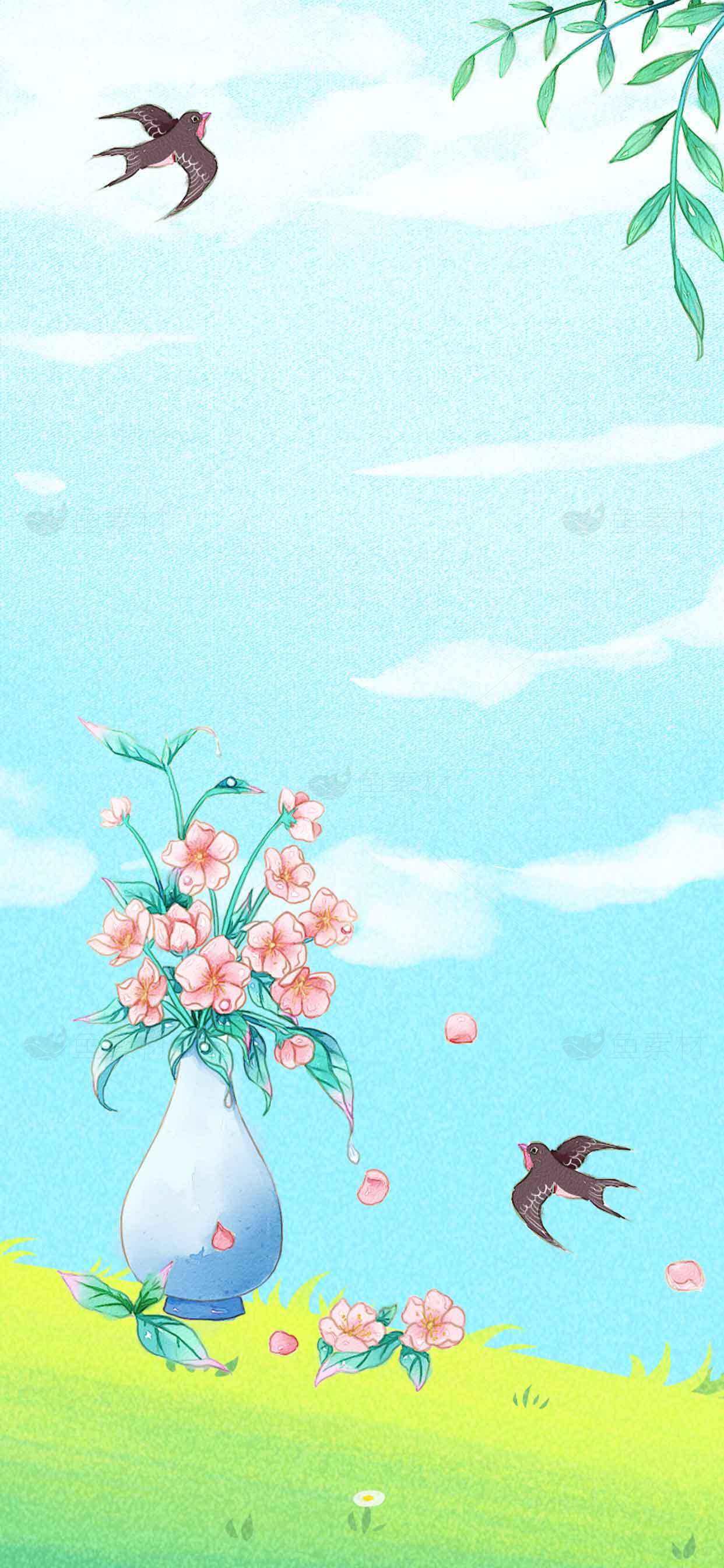 春日田园风插画：花瓶与飞燕的唯美画面素材