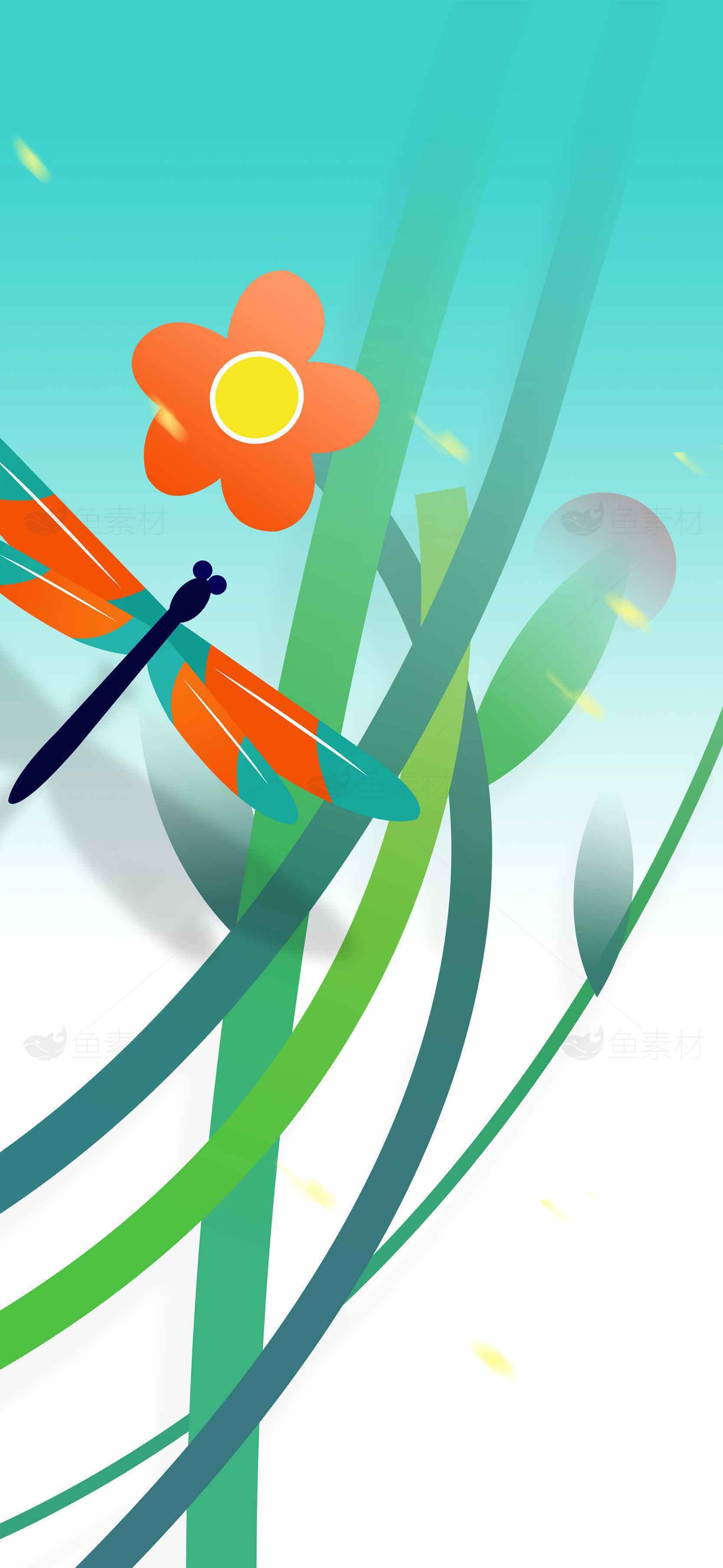 清新自然插画：蜻蜓与花朵的唯美邂逅素材