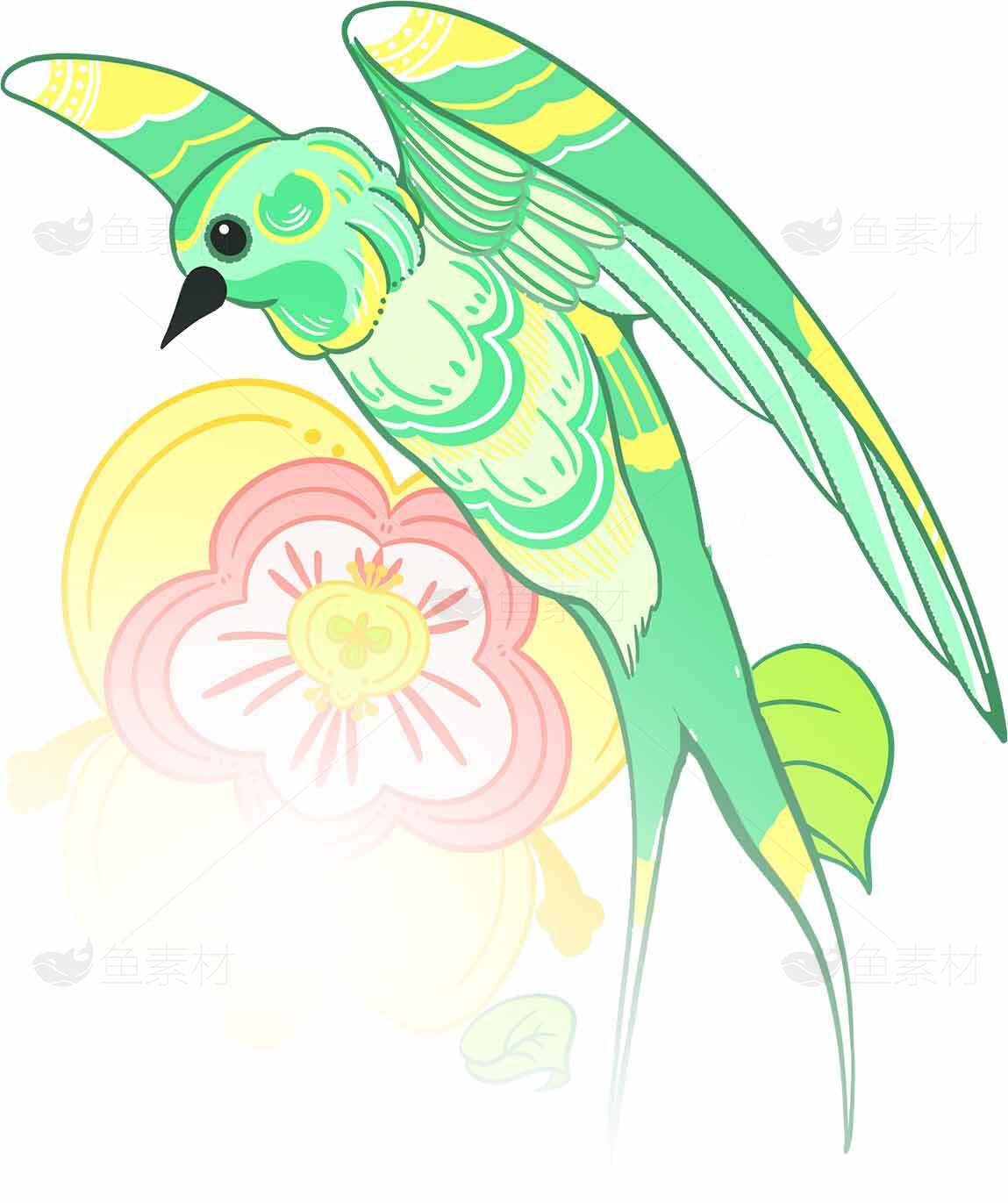 绿色手绘小鸟与花朵插画图片素材