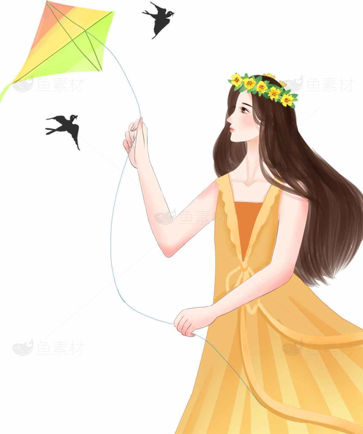 女孩放风筝的唯美插画图片素材