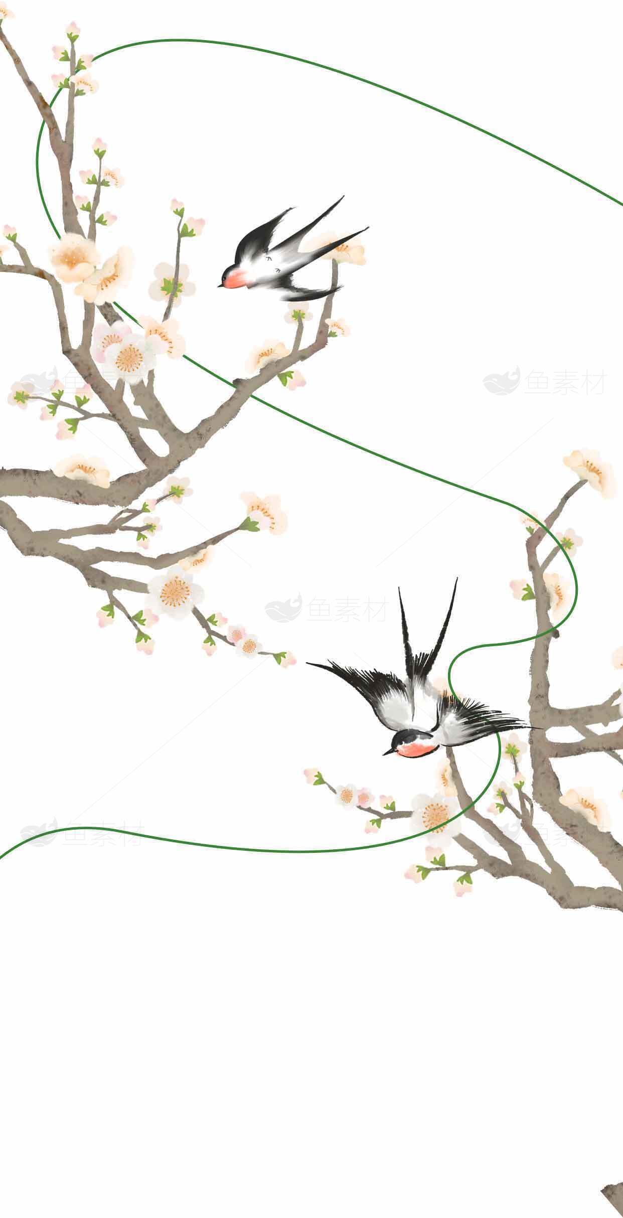 春日花鸟国画风壁纸素材