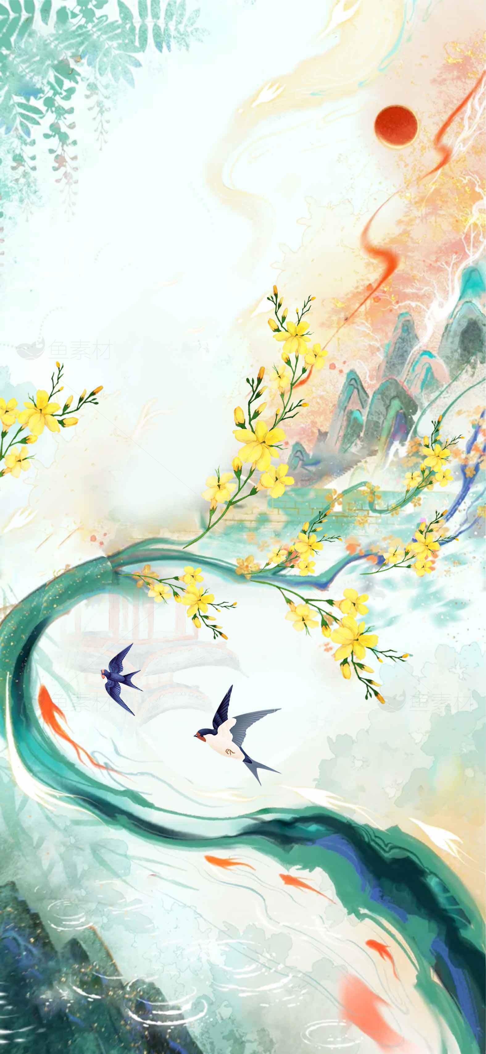 国风山水画春日意境插画素材